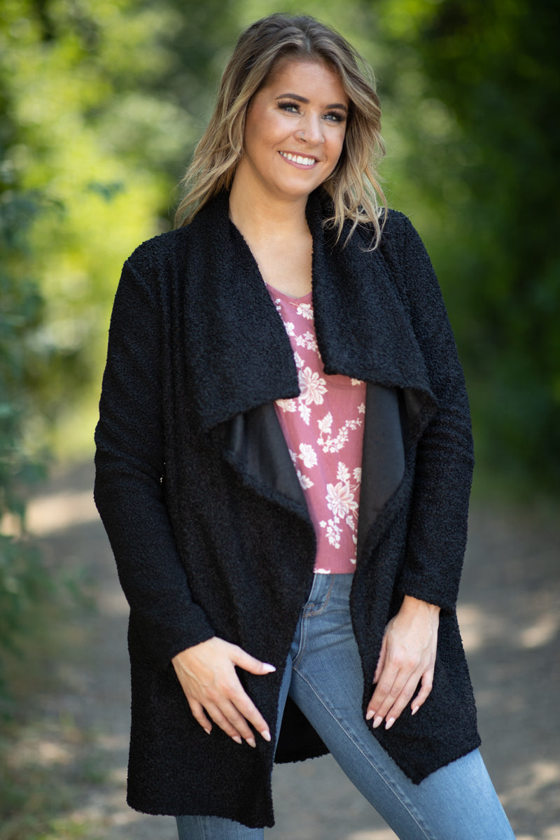 Black Sherpa Waterfall Collar Cardigan