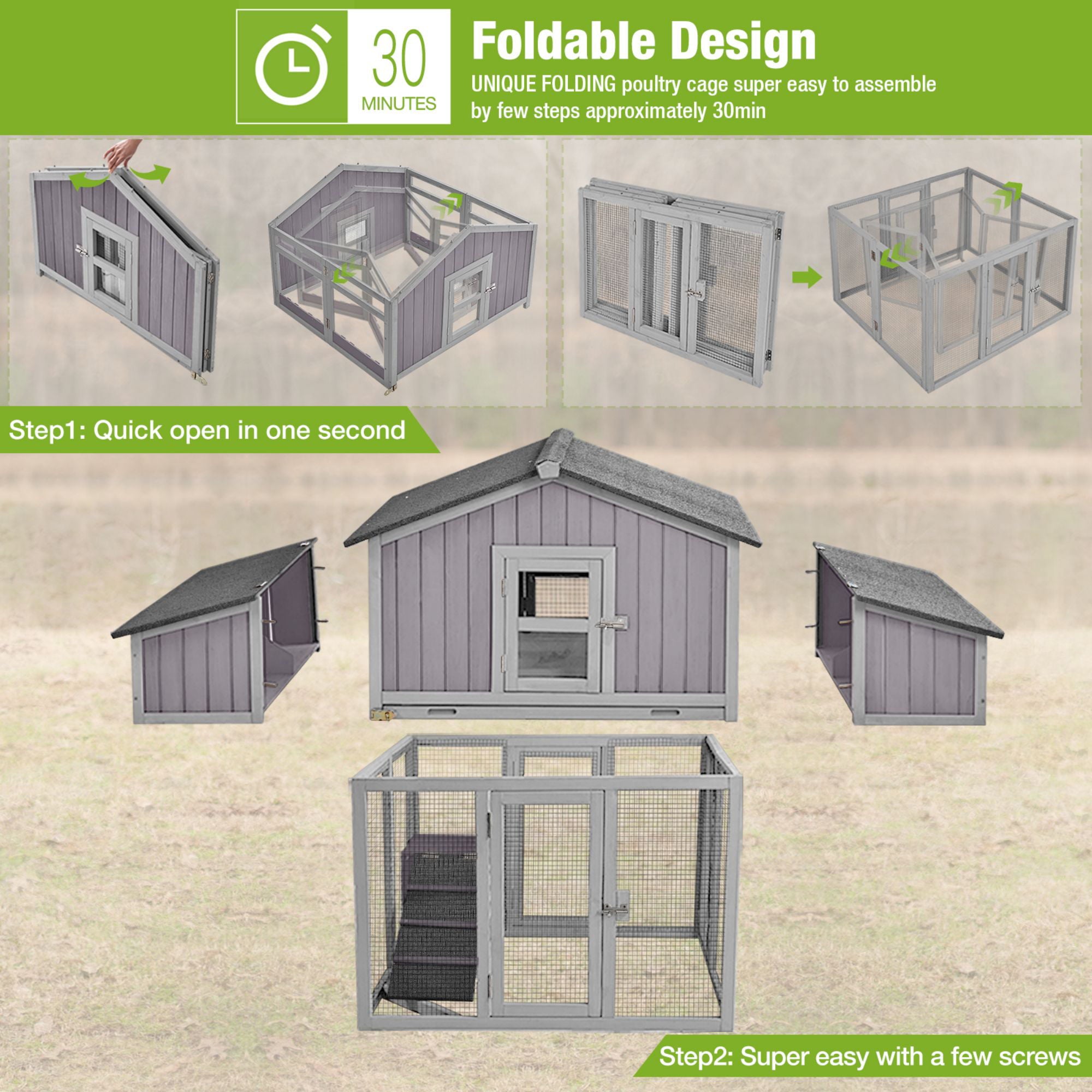 Morgete Foldable Chicken Coop with Two Nest Box， 69.8'' Wooden Hen House for 4 6 Chickens