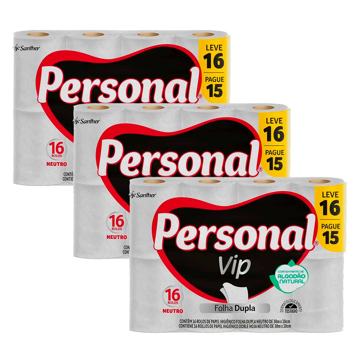 Kit Papel Higienico Folha Dupla 30 Metros Personal Leve 16 Pague 15 Unidades 3 Packs