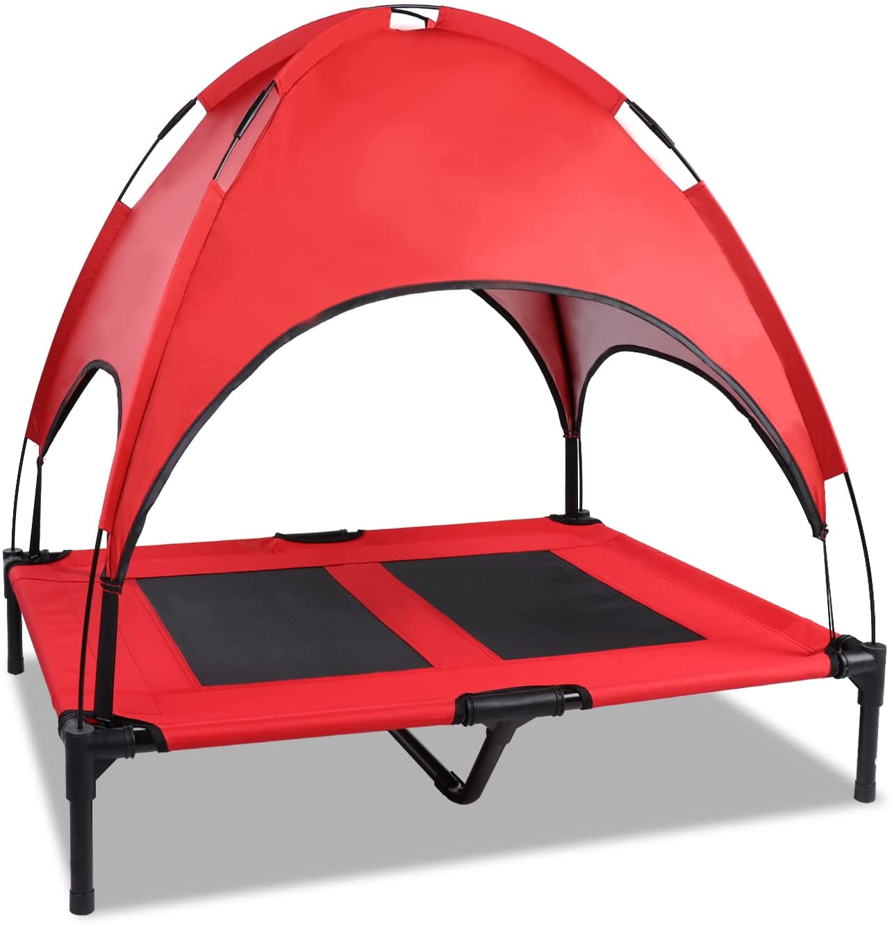 SMONTER Elevated Dog Bed with Canopy， Outdoor Pet Cot with Removable Canopy Shade， Portable Raised Dog Bed with Stable Frame and Breathable Mesh for Small， Medium， Large Dogs， Large， Red
