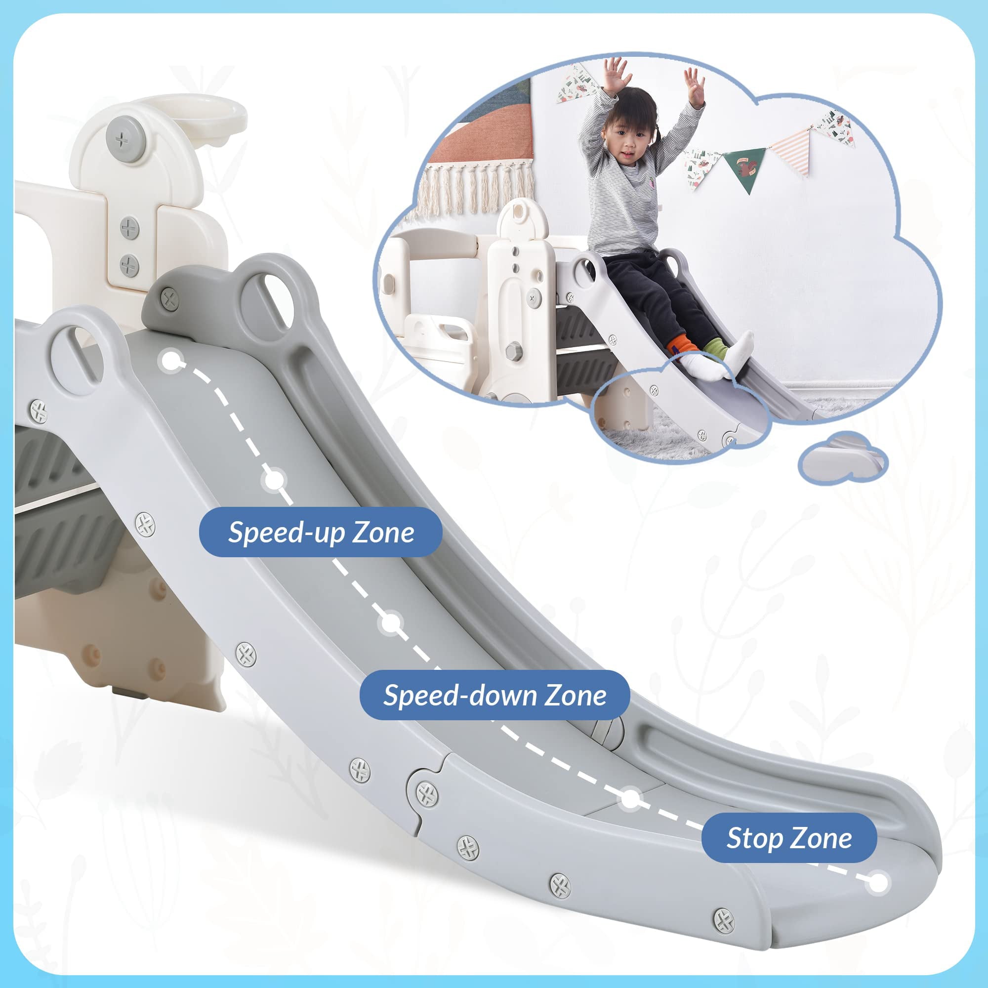 Kainsy 4-in-1 Baby Slide with Bus, Indoor Kids Slide with Basketball Hoop, Climber & Bus Playhouse, Outdoor Playground Slide for Toddler 1+ Playset, Gray and White