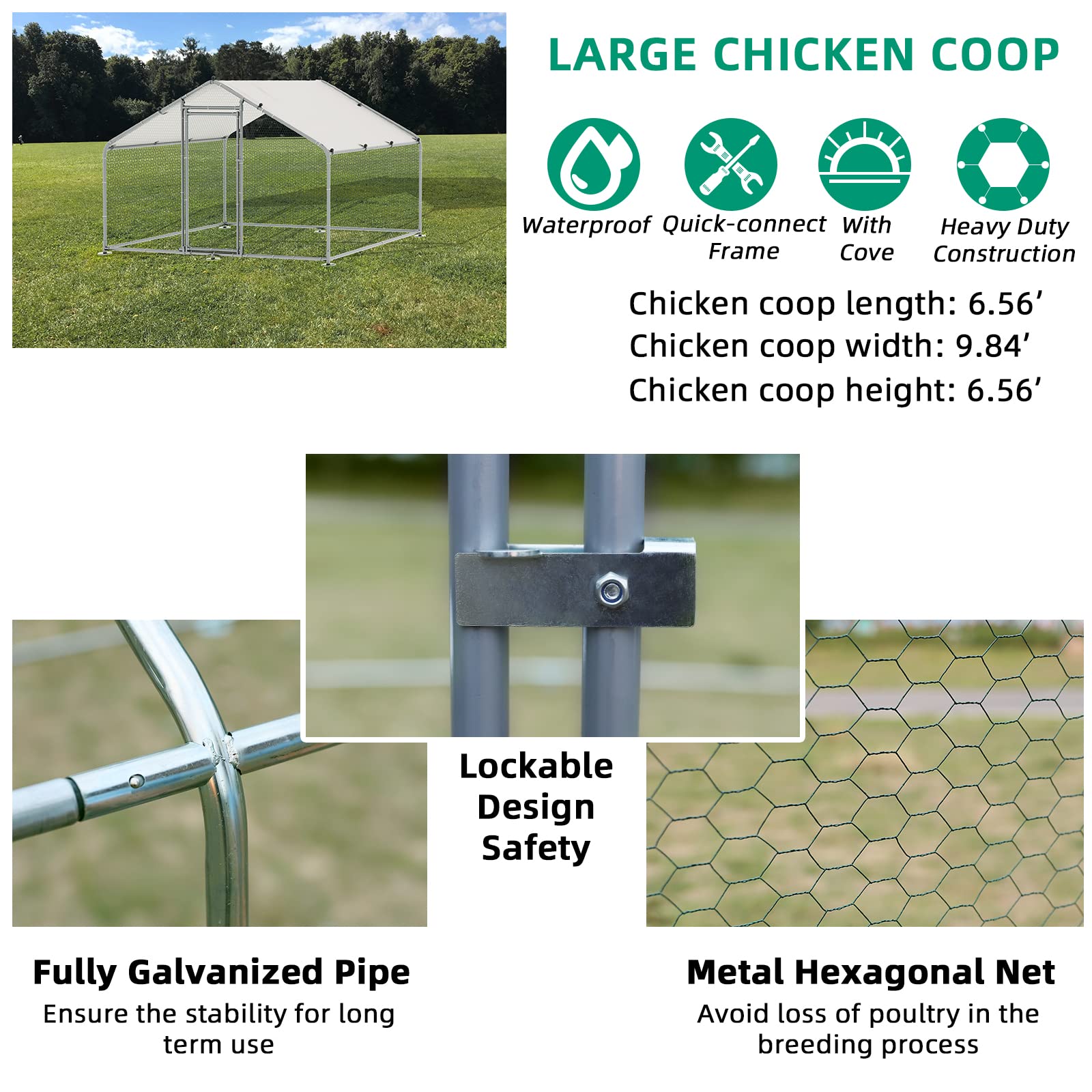 VIVIJASON Large Metal Chicken Coop Outdoor Walk-in Poultry Cage Hen Run House Rabbits Habitat Cages Spire Shaped Coop with Waterproof and Anti-UV Cover for Yard Farm (6.36' L x 9.64' W x 6.36' H)