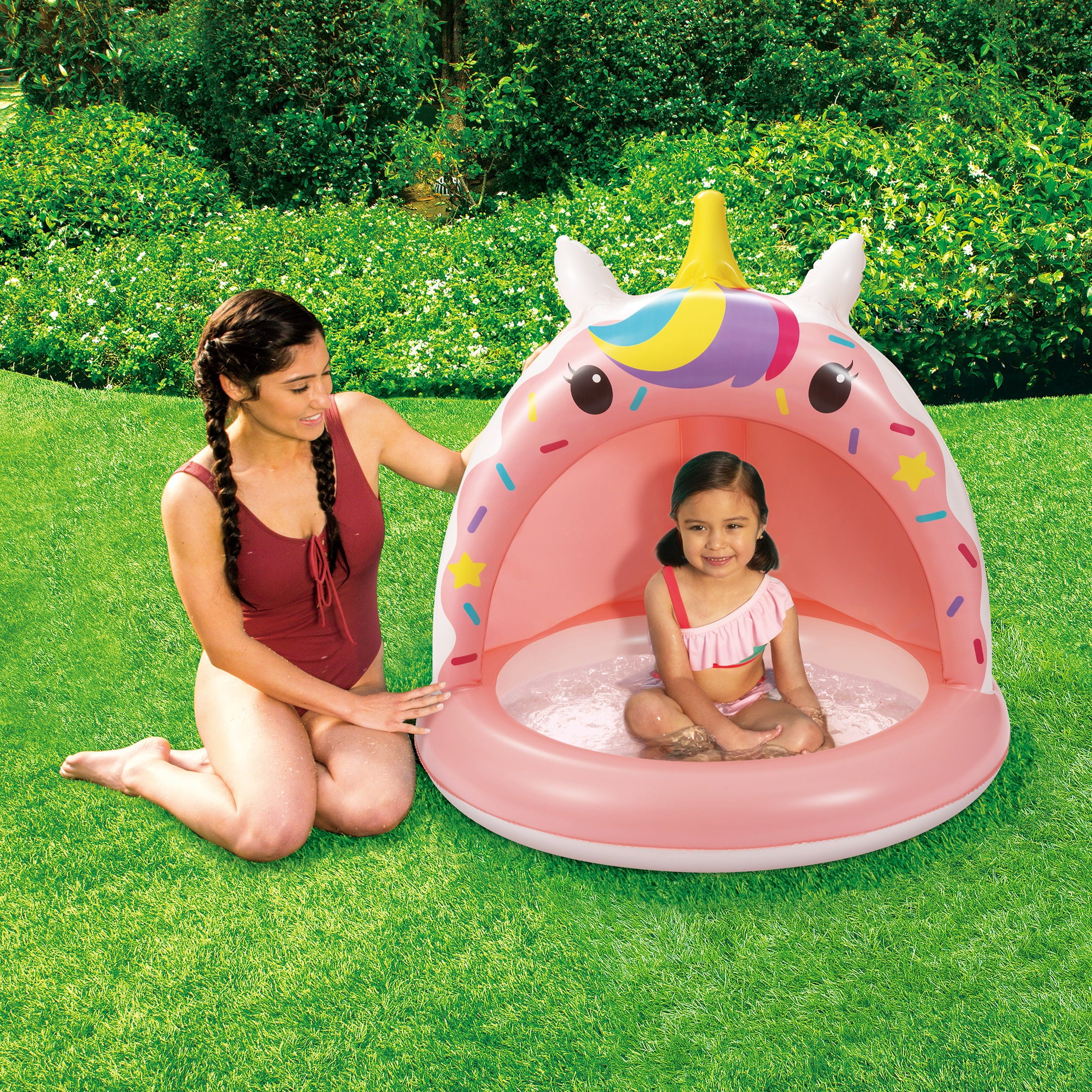 Play Day Inflatable Unicorn Shade Pool， Round， Pink， Ages 1-3， Unisex