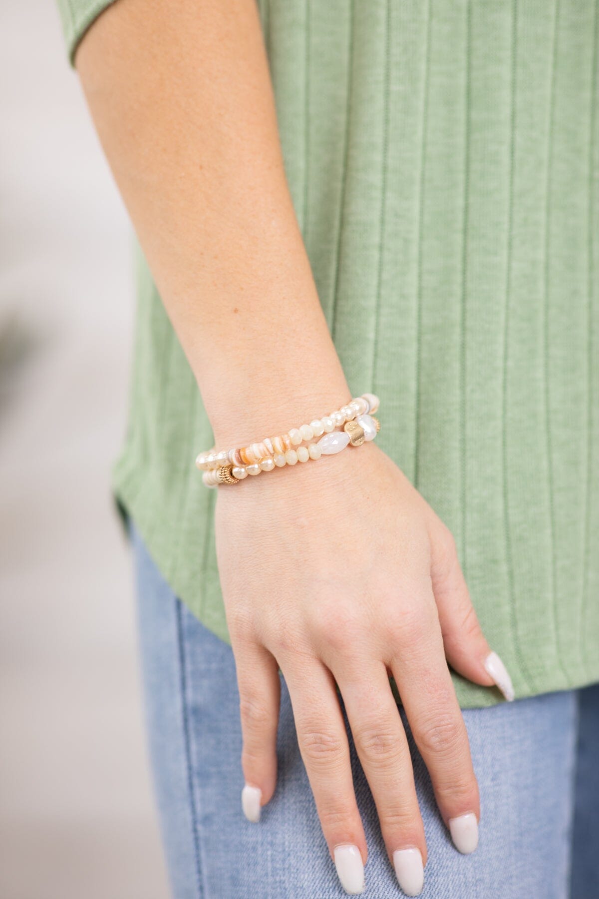 Beige and Gold Beaded Bracelet Set