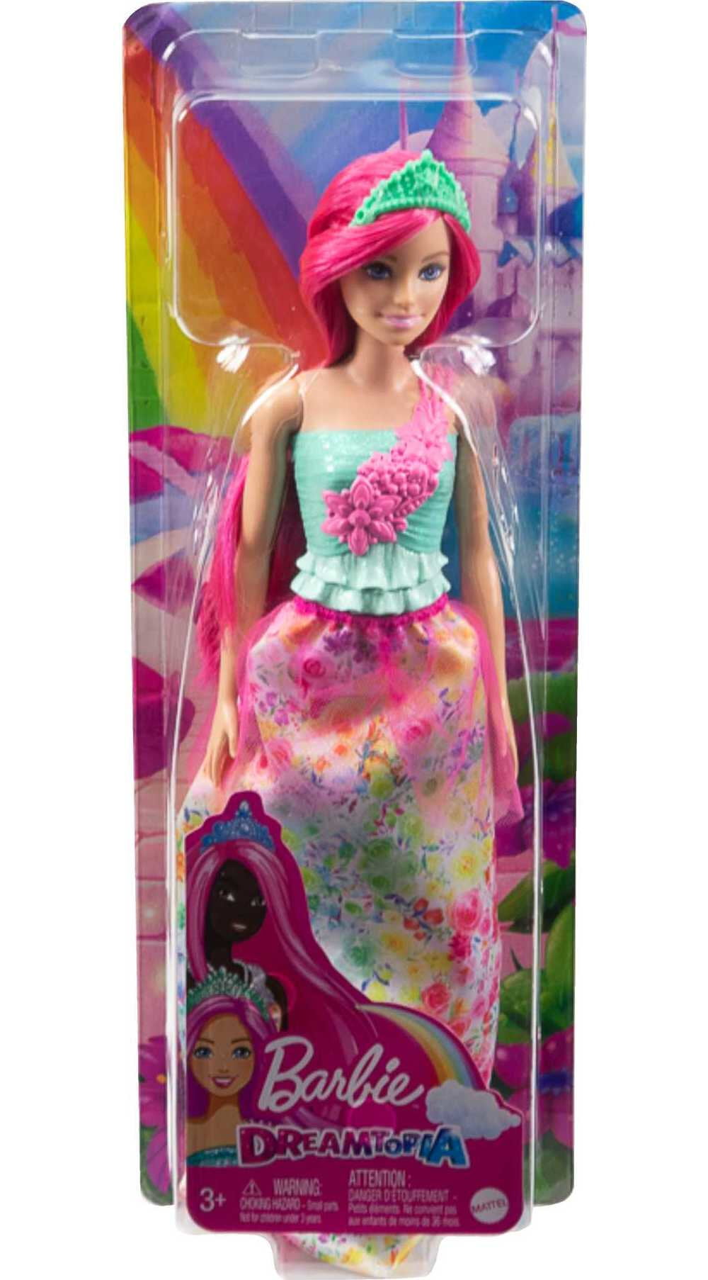 Barbie Dreamtopia Doll & Accessories, Dark Pink Hair with Floral Skirt, Shoes, Necklace & Tiara
