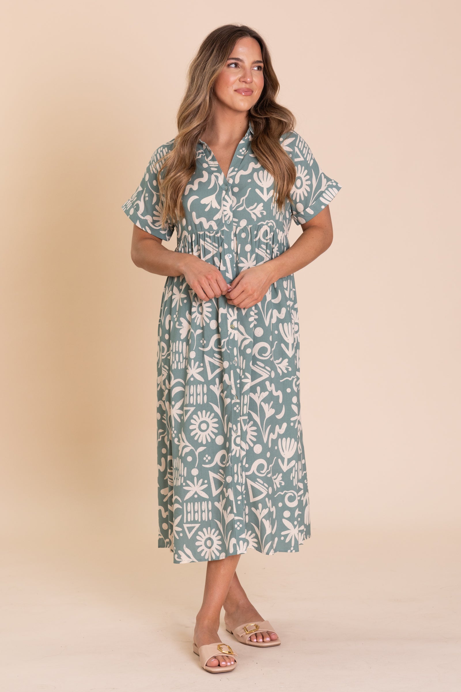 Dusty Teal Mix Media Shirt Midi Dress