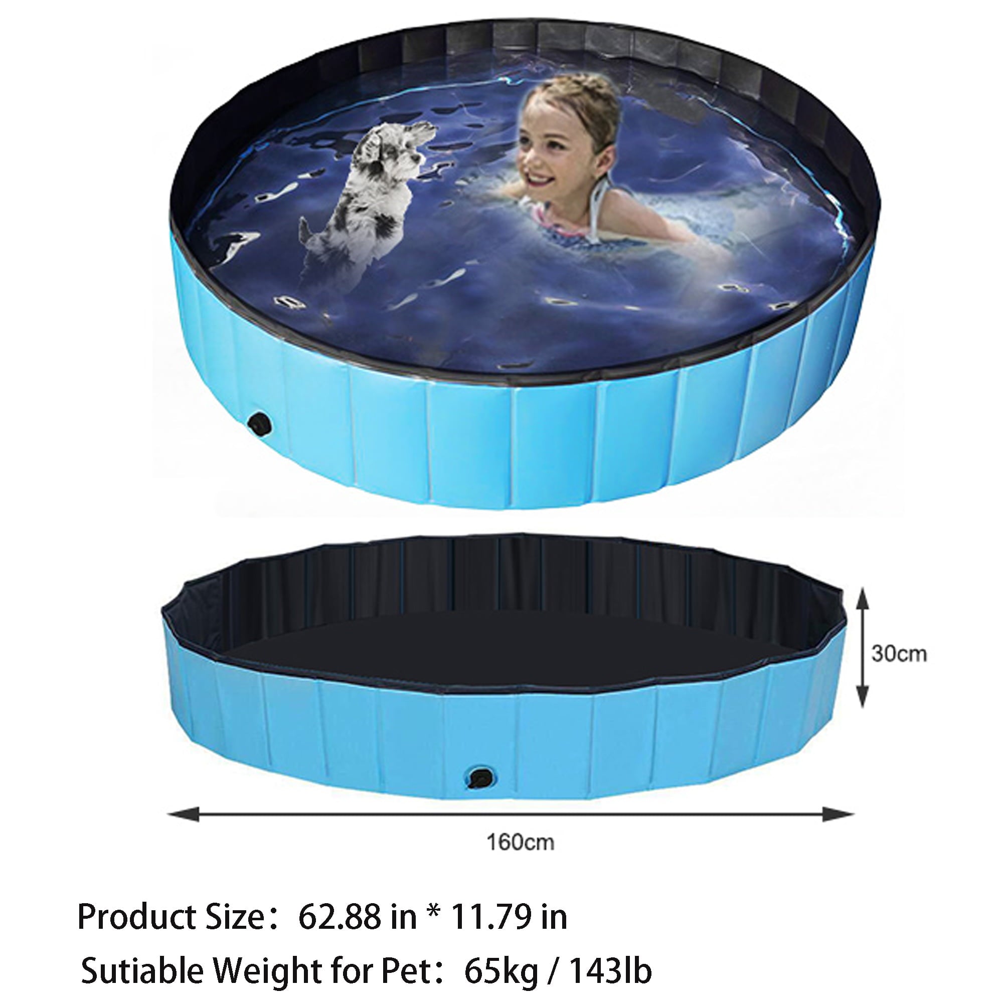Eccomum Swimming Pool Foldable Dog Pool PVC Kiddie Pool for Dogs Cats and Kids， Blue， 62.88