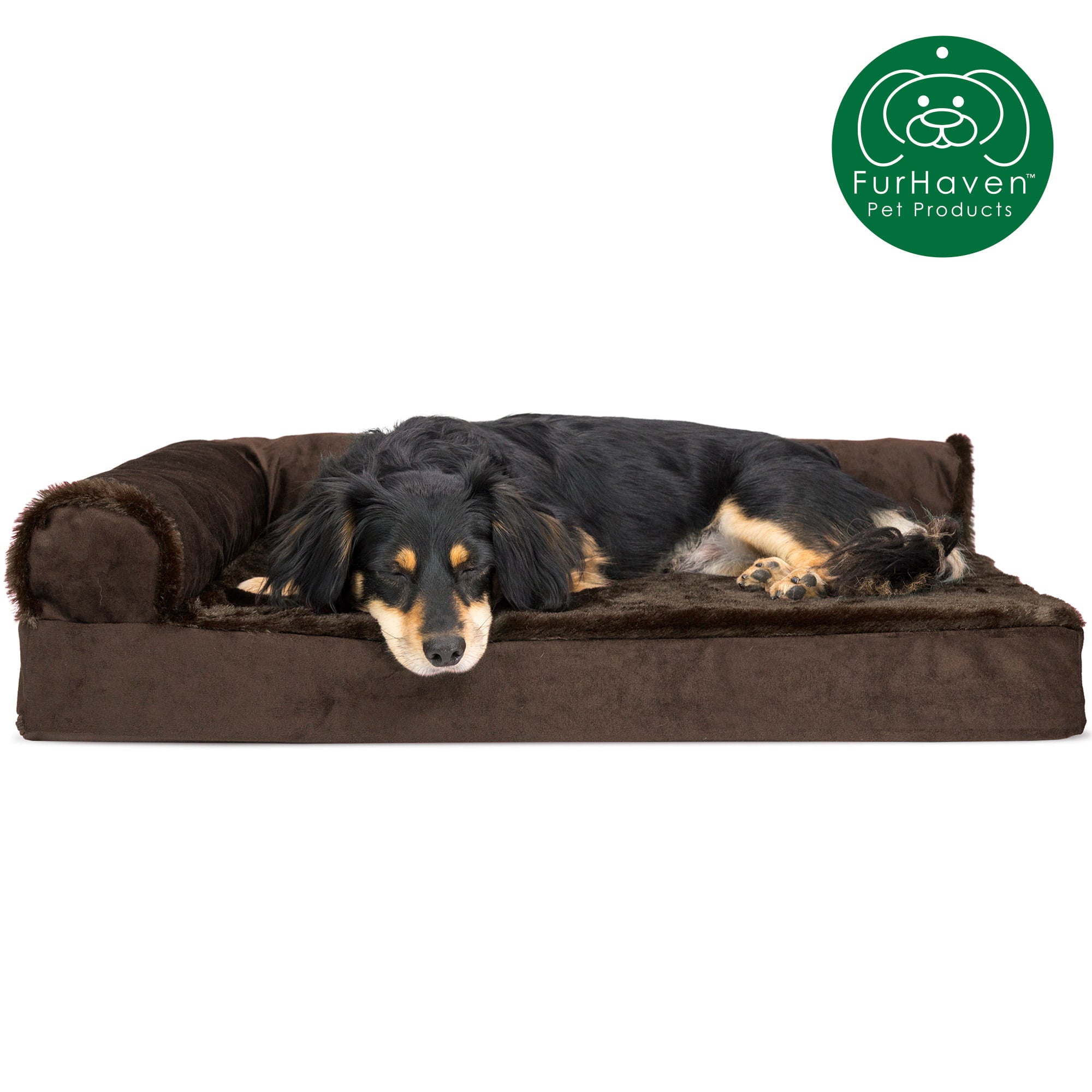 FurHaven Pet Products | Deluxe Orthopedic Plush and Velvet L-Shaped Chaise Couch Pet Bed for Dogs and Cats， Sable Brown， Medium