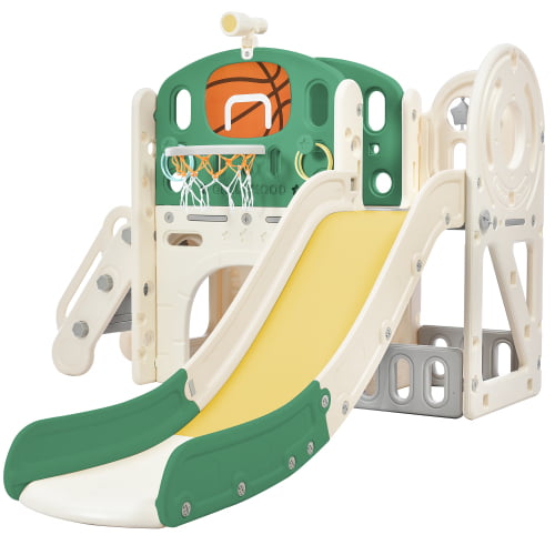 Kids Slide Playset Structure，Arch Tunnel， Ring Toss， and Basketball Hoop， Freestanding Castle Climbing Crawling Playhouse with Slide， Toy Storage Organizer for Toddlers， Kids Climbers Playground