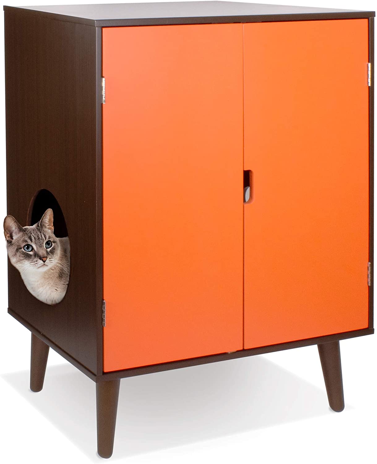 Penn-Plax Cat Walk Furniture: Contemporary Home Cat Litter Hide-Away Cabinet – Espresso with Orange Doors