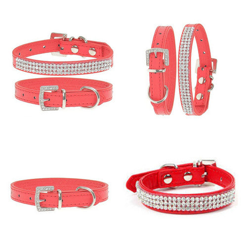 Bling Rhinestone Puppy Cat Collars Adjustable Leather Kitten Collar For Small Medium Dogs Cats Pink L