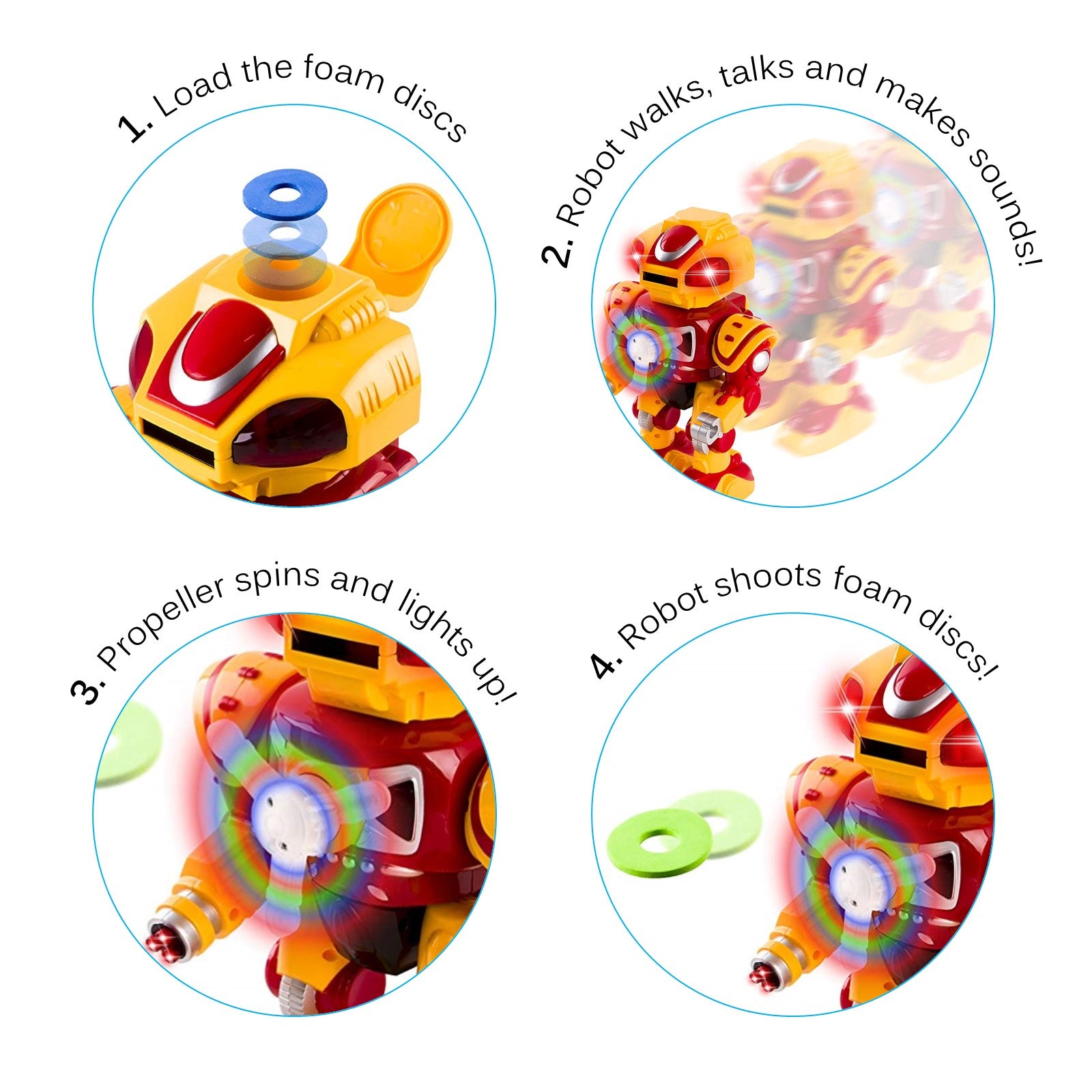 Super Android Toy Robot With Disc Shooting Walking Flashing Lights And Sound Features Great Action Toy For Kids Boys Girls Toddlers Battery Operated Yellow