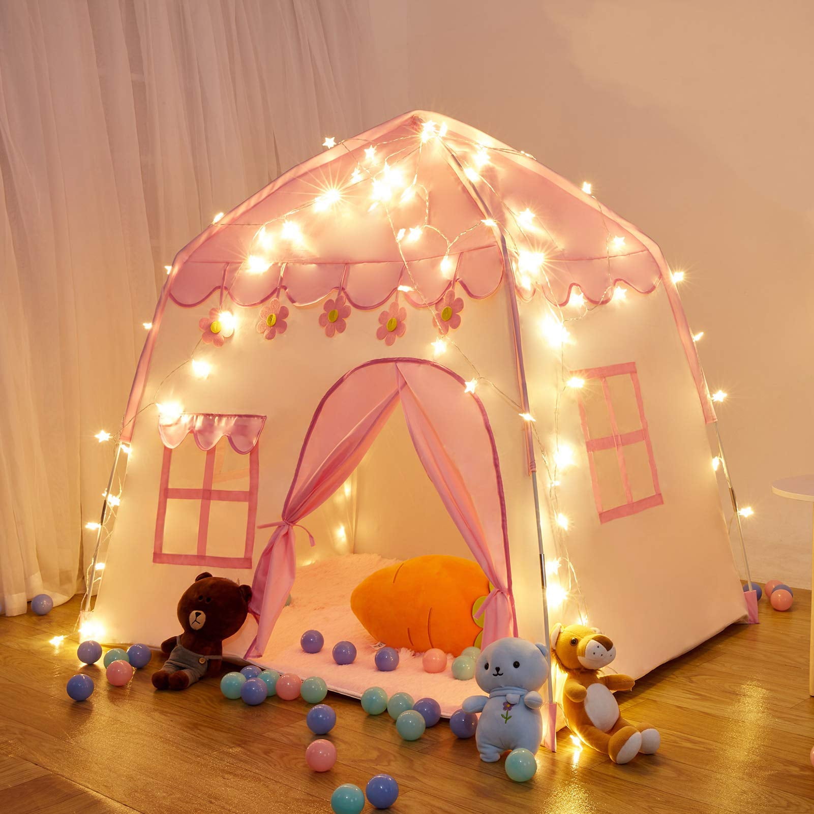 Playhouse Tent for Girls with Lights,Kids Castle Play Tent with Star Lights Toy for Children Indoor and Outdoor Games,420D Thick Oxford Fabric Pink Castle