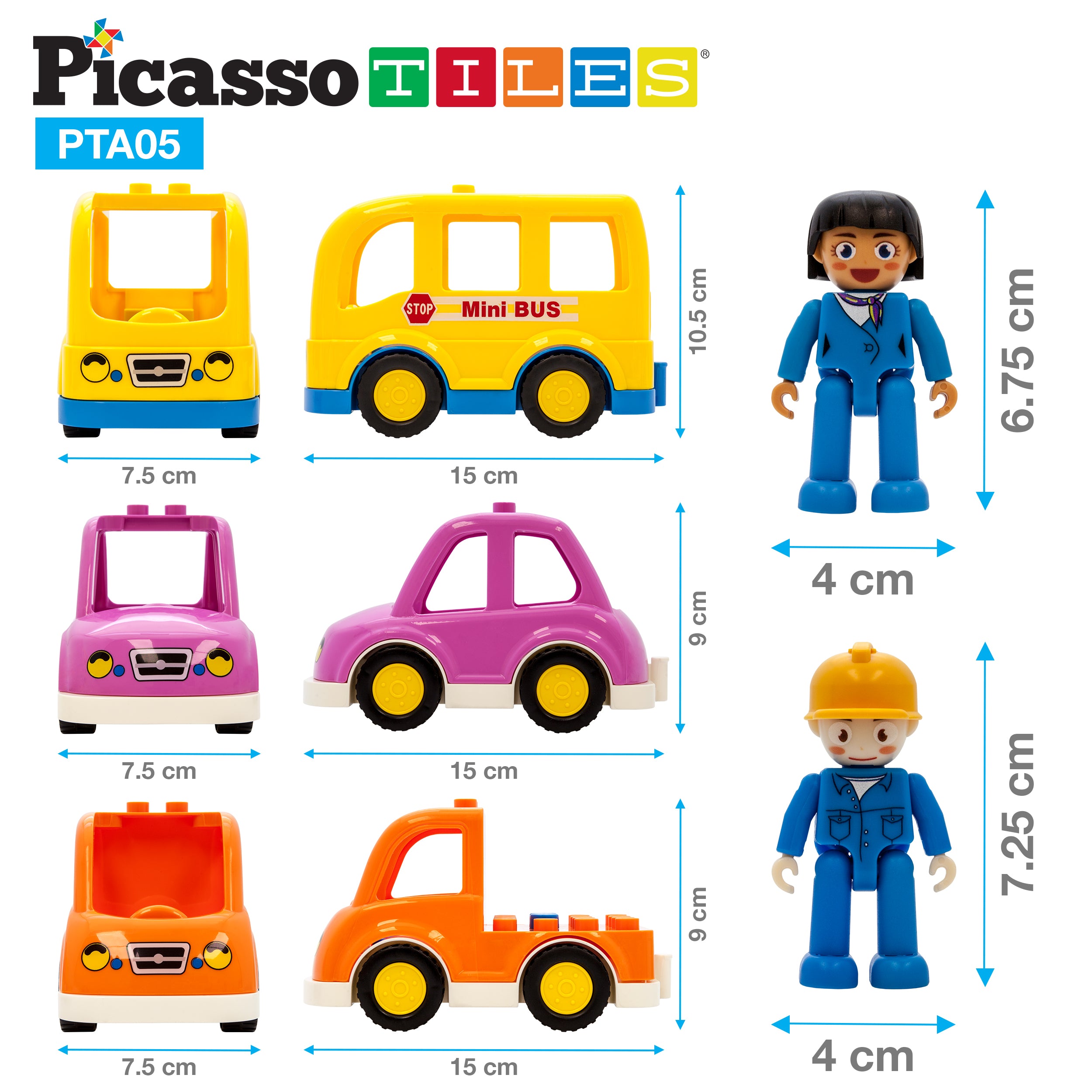 PicassoTiles 5 Piece Vehicle Character and Action Figure Expansion Set PTA05
