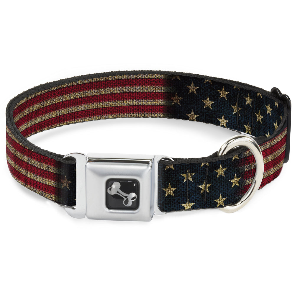 Buckle-Down Pet Collar， Dog Collar Metal Seatbelt Buckle， Vintage US Flag Stretch， 9.5 to 13 Inches 1.0 Inch Wide