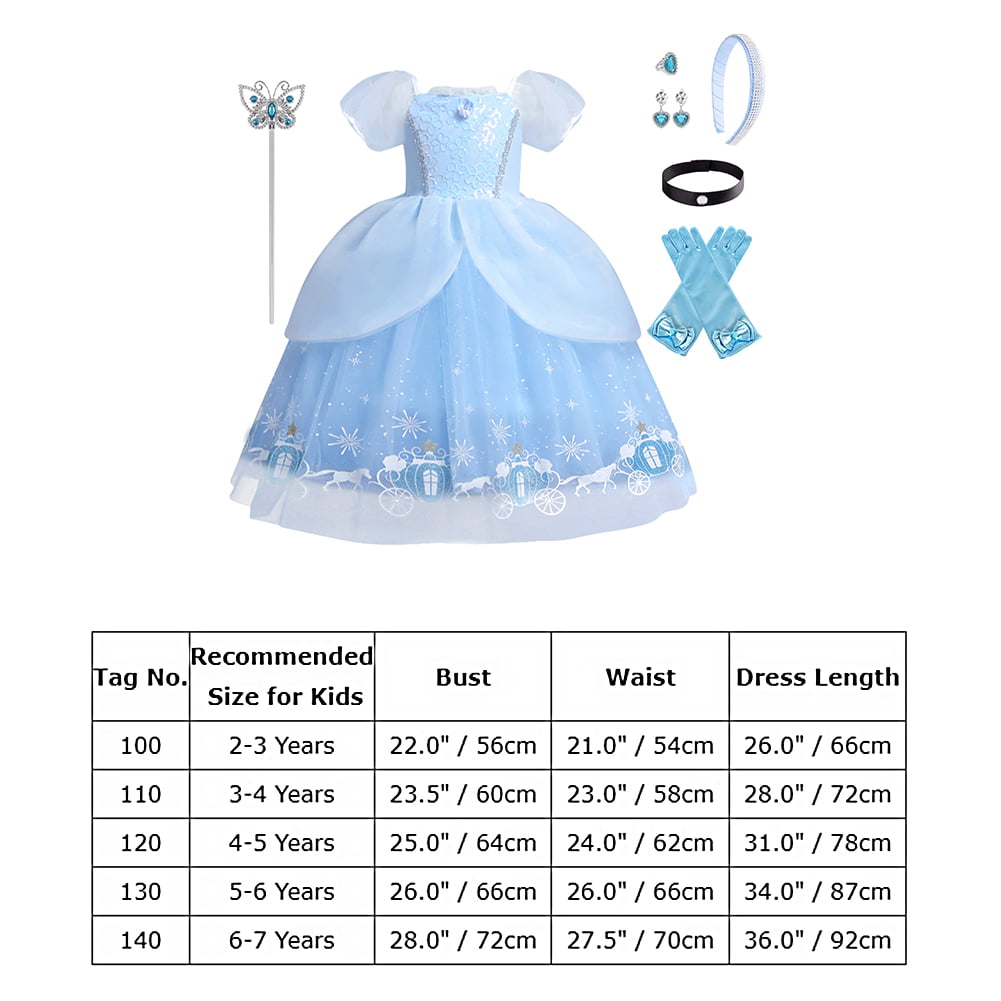 IMEKIS Cinderella Costume for Toddler Girls Princess Costumes Cinderella Dress Up Jewelry Set Crown Fairy Wand Baby Kids Halloween Cosplay Role Play Birthday Outfit 4-5 Years Blue White