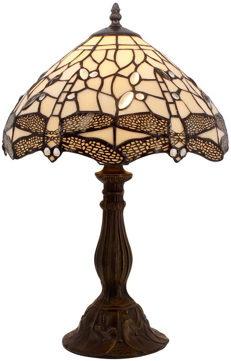 GEDUBIUBOO  Lamp Cream Stained Glass Dragonfly Bedside Table Lamp Desk Reading Light 12X12X18 Inches Decor Bedroom Living Room  Office S139 Series