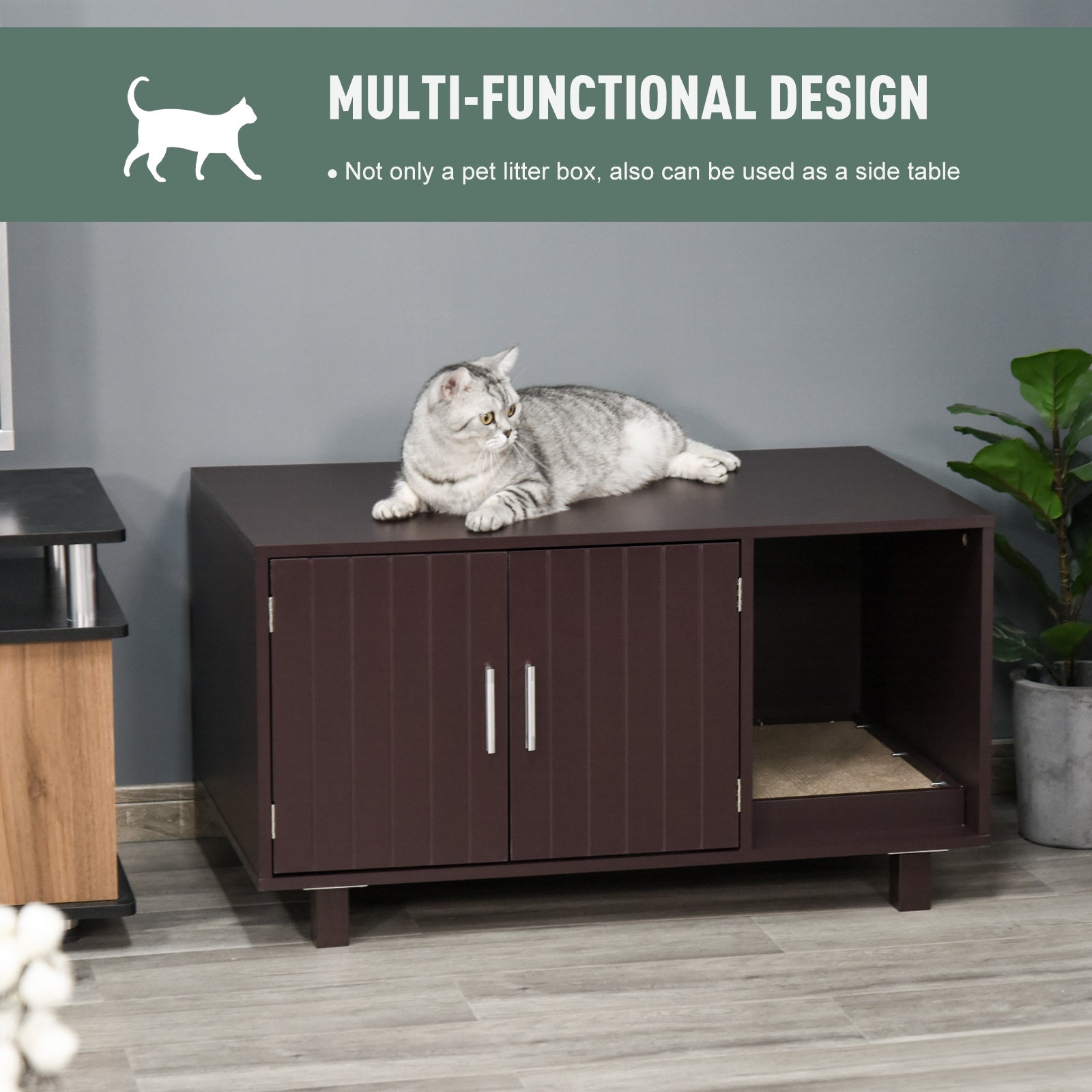 PawHut Cat Litter Box Enclosure and House w/ Nightstand/End Table Design， Brown