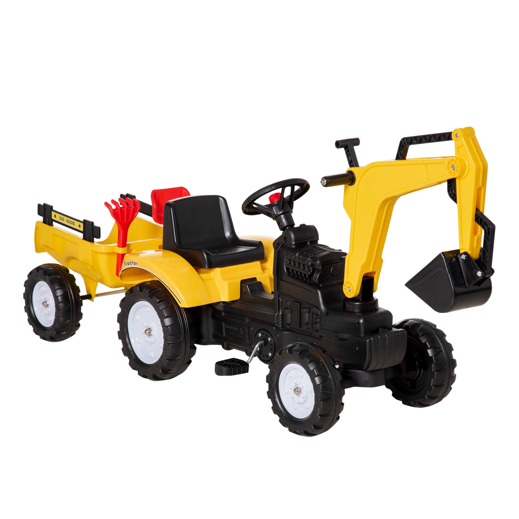 Aosom Digger Ride-on Truck Kids Car with Horn， Excavator Ride-on Toy， Imaginative Toy Construction Car， 6 Wheels and Detachable Trailer， Yellow