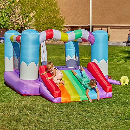 TURFEE Rainbow Inflatable Jumper Bounce House with Blower，Bounce House with Slide， Repair Patches， and Stakes， for Kids Indoor Outdoor.Easy Set Up，Backyard and Party Fun，138x 106 x 73