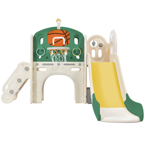 Kids Slide Playset Structure，Arch Tunnel， Ring Toss， and Basketball Hoop， Freestanding Castle Climbing Crawling Playhouse with Slide， Toy Storage Organizer for Toddlers， Kids Climbers Playground