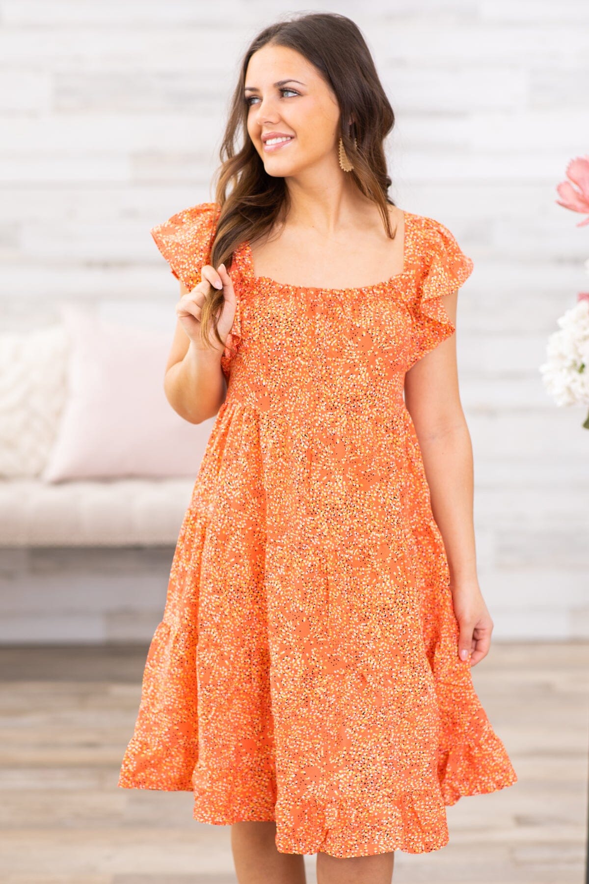 Orange Ditsy Floral Flutter Sleeve Dress