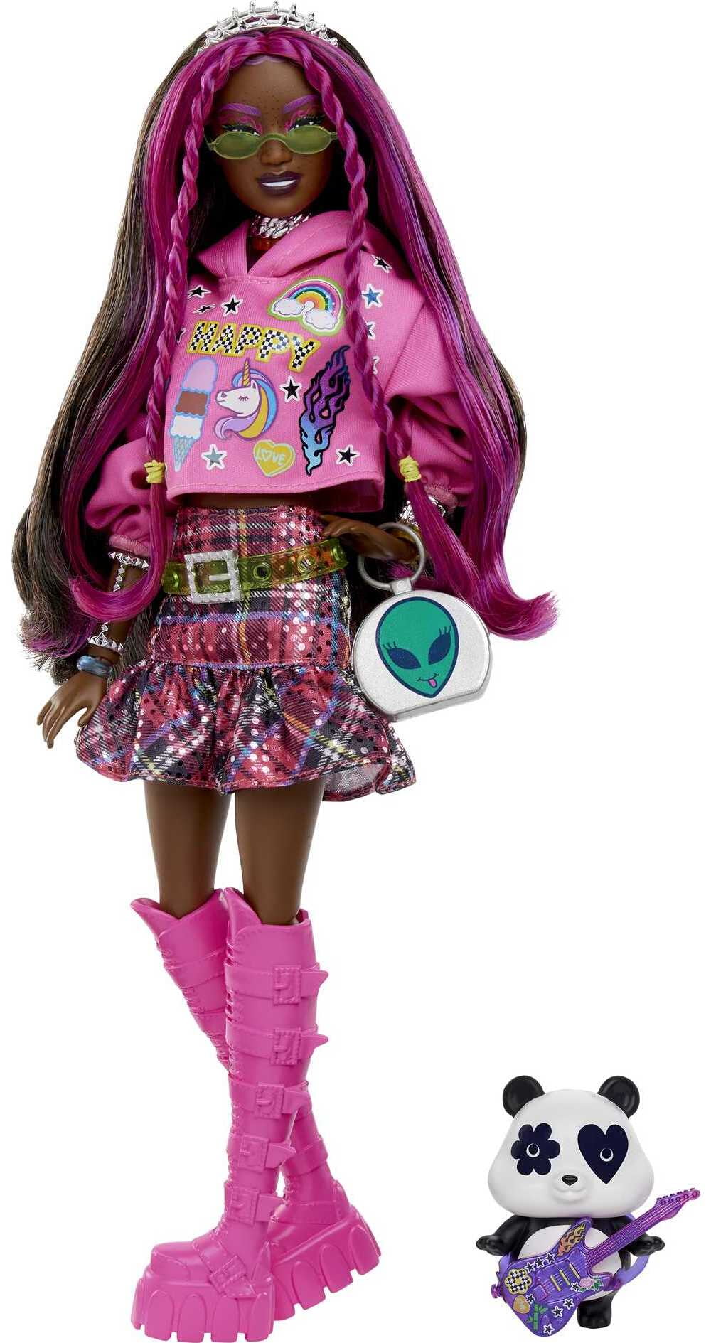 Barbie Extra Fashion Doll with Pink-Streaked Brunette Hair in Graphic Hoodie with Accessories & Pet