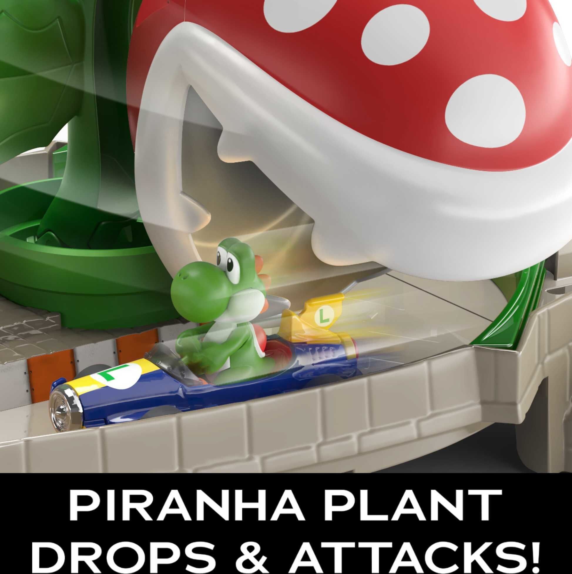 Hot Wheels Mario Kart Piranha Plant Track Set with 1:64 Scale Yoshi Toy Kart and Gravity Launcher
