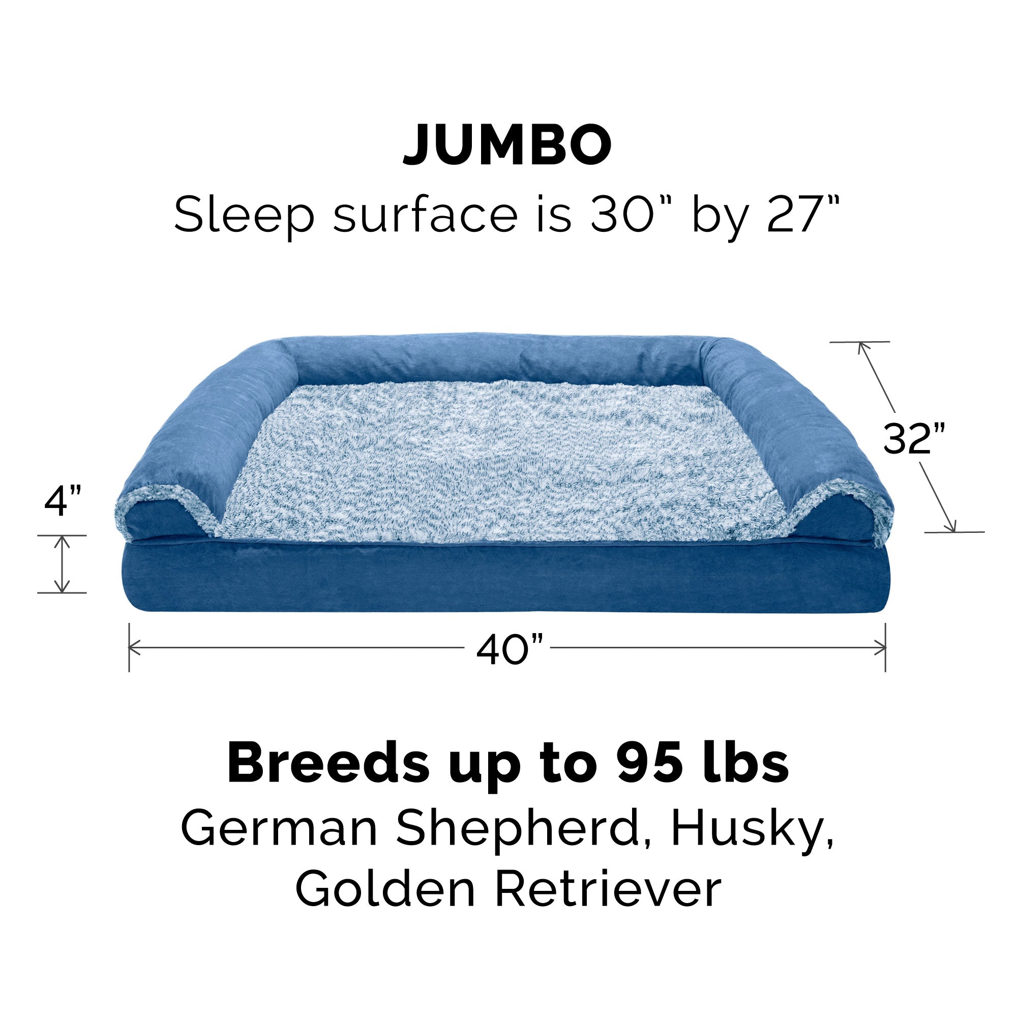 FurHaven Pet Dog Bed | Orthopedic Two-Tone Faux Fur and Suede Sofa-Style Couch Pet Bed for Dogs and Cats， Marine Blue， Jumbo