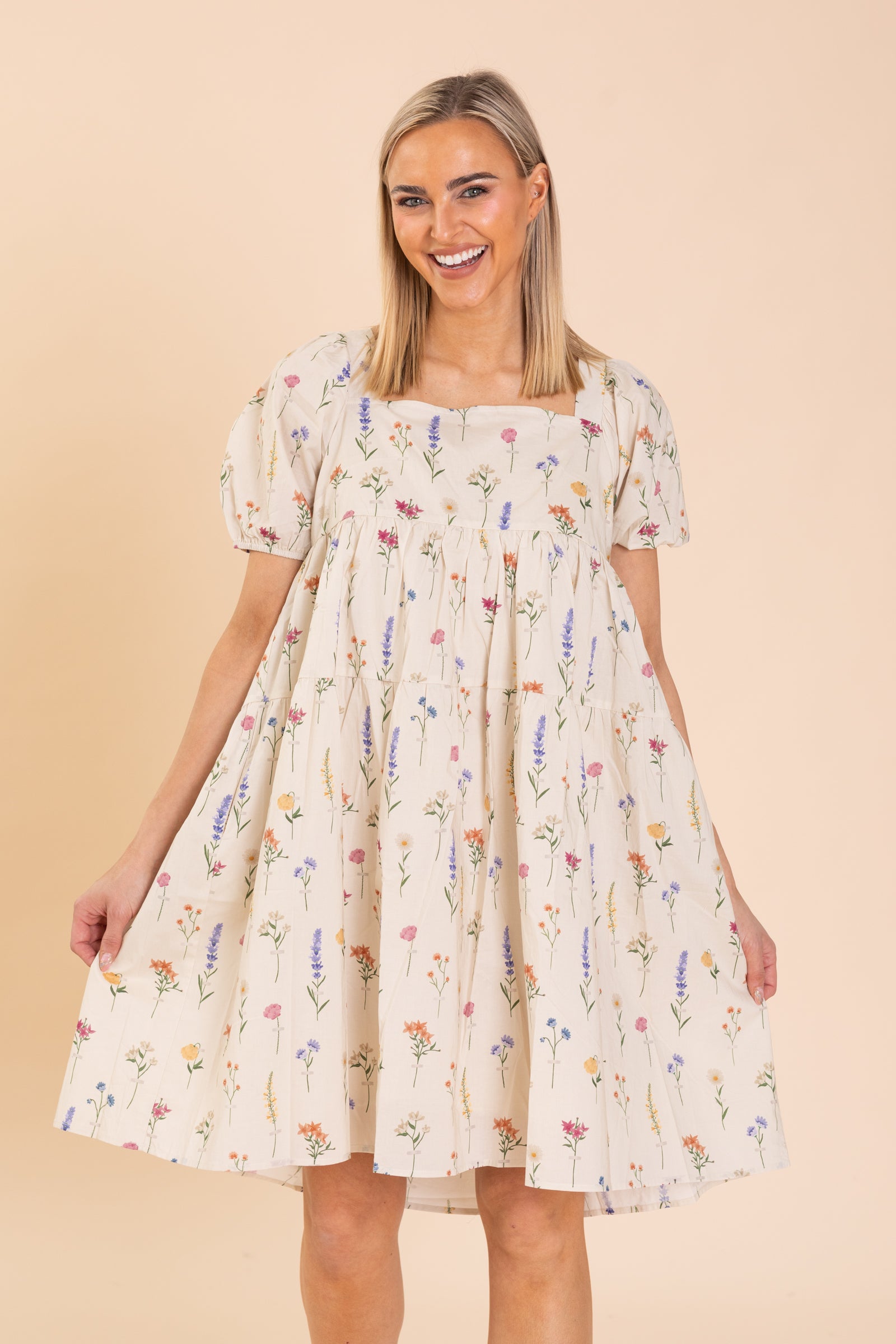 Beige Floral Print Dress With Flutter Sleeve