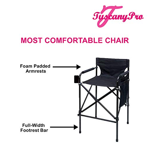 TuscanyPro Houdini Tall Director Chair - Quad Style, Super Compact Telescopic Folding Design with Jet Black, Anodized Aluminum Frame - Your Name/Logo Imprinted
