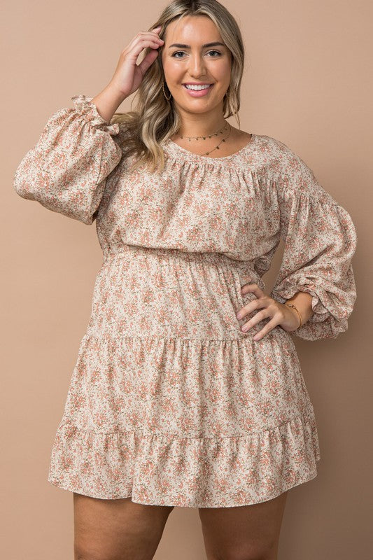PLUS Ruffled Cuff Floral Mini Dress (Natural)
