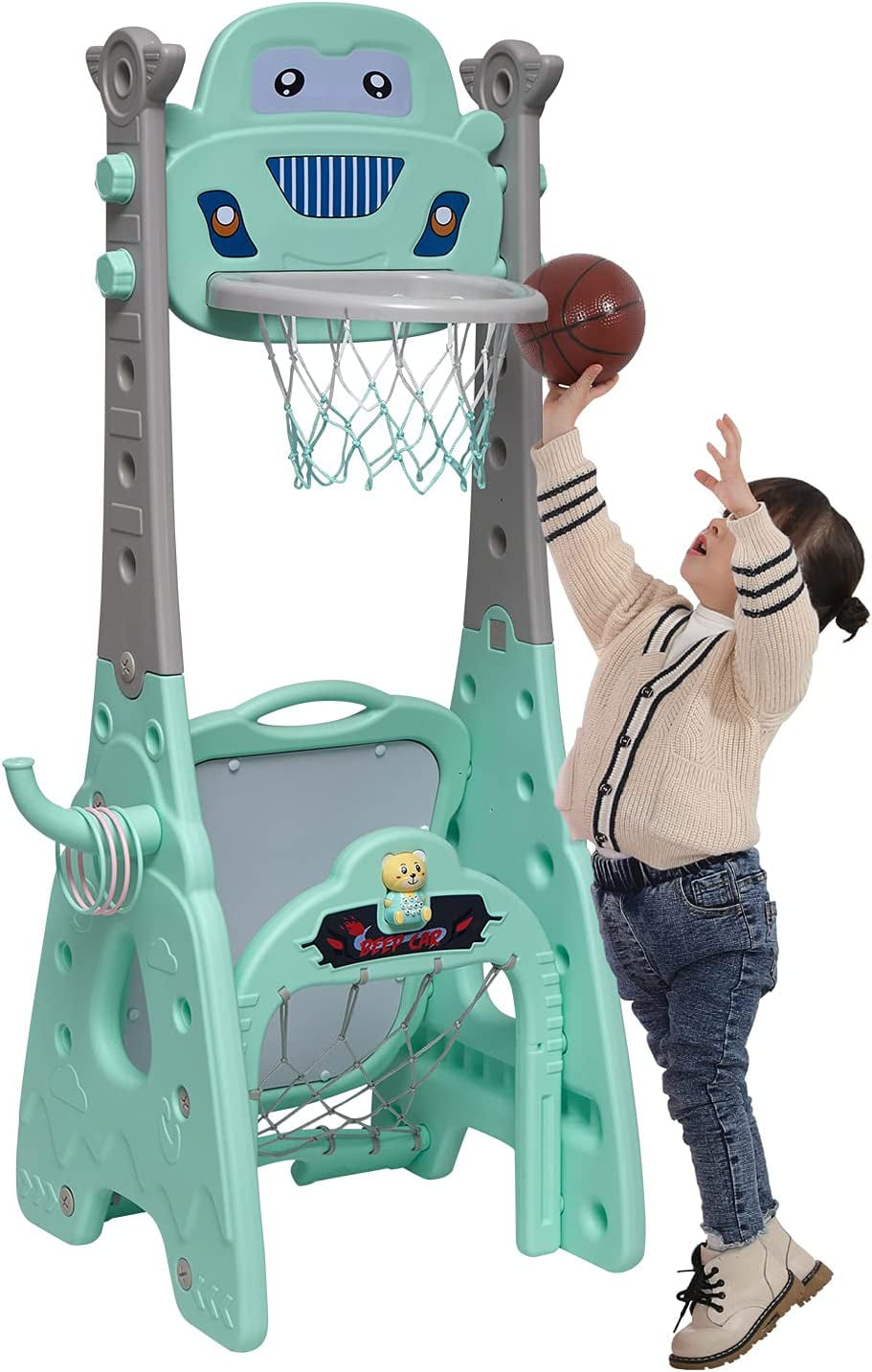Kinbor Kids 7 in 1 Basketball Hoop Set  with Soccer Goal， Music Box for 3-7 BoysandGirls
