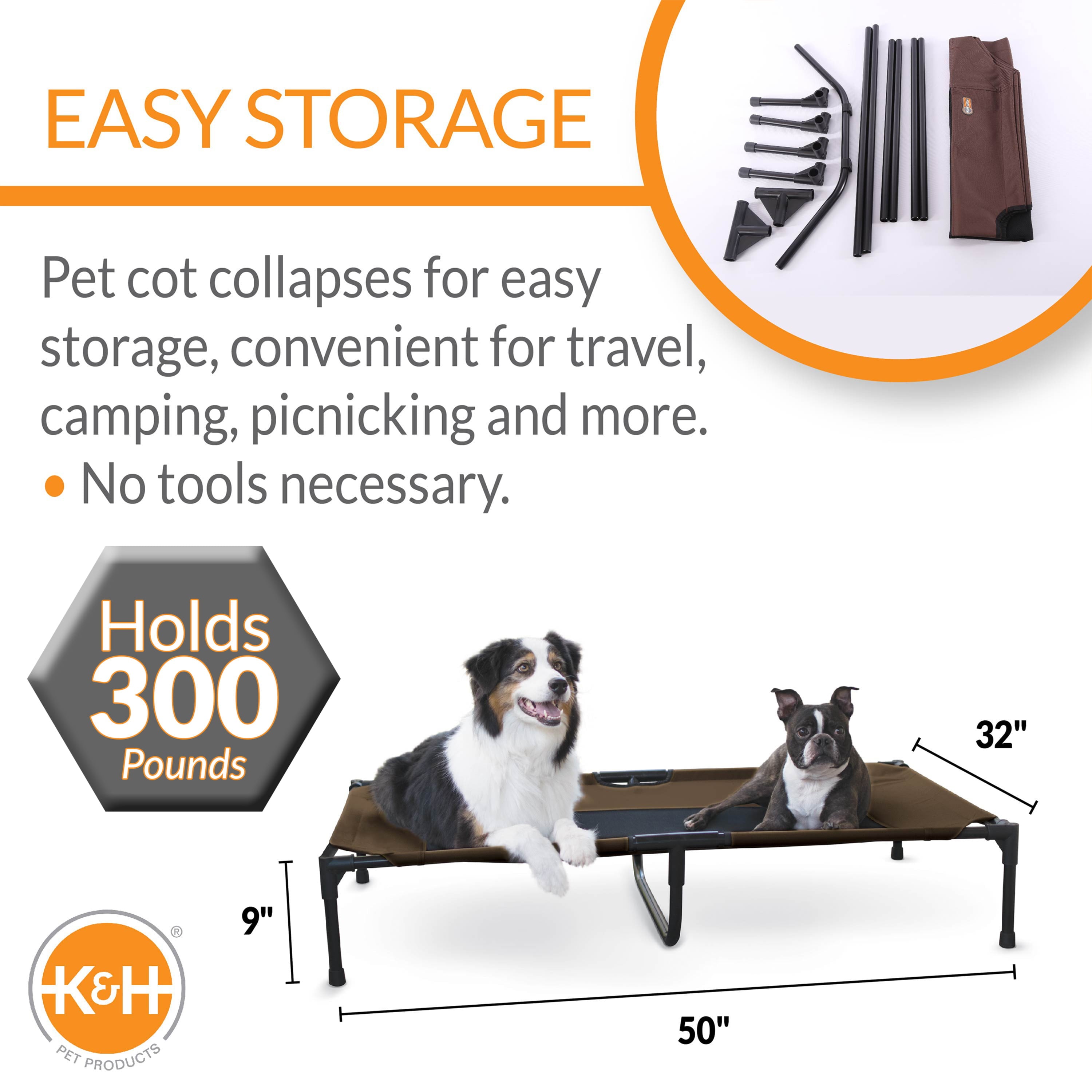 KandH Original Pet Cot Elevated Dog Bed Chocolate/Black Mesh X-Large 32 X 50 X 9 Inches