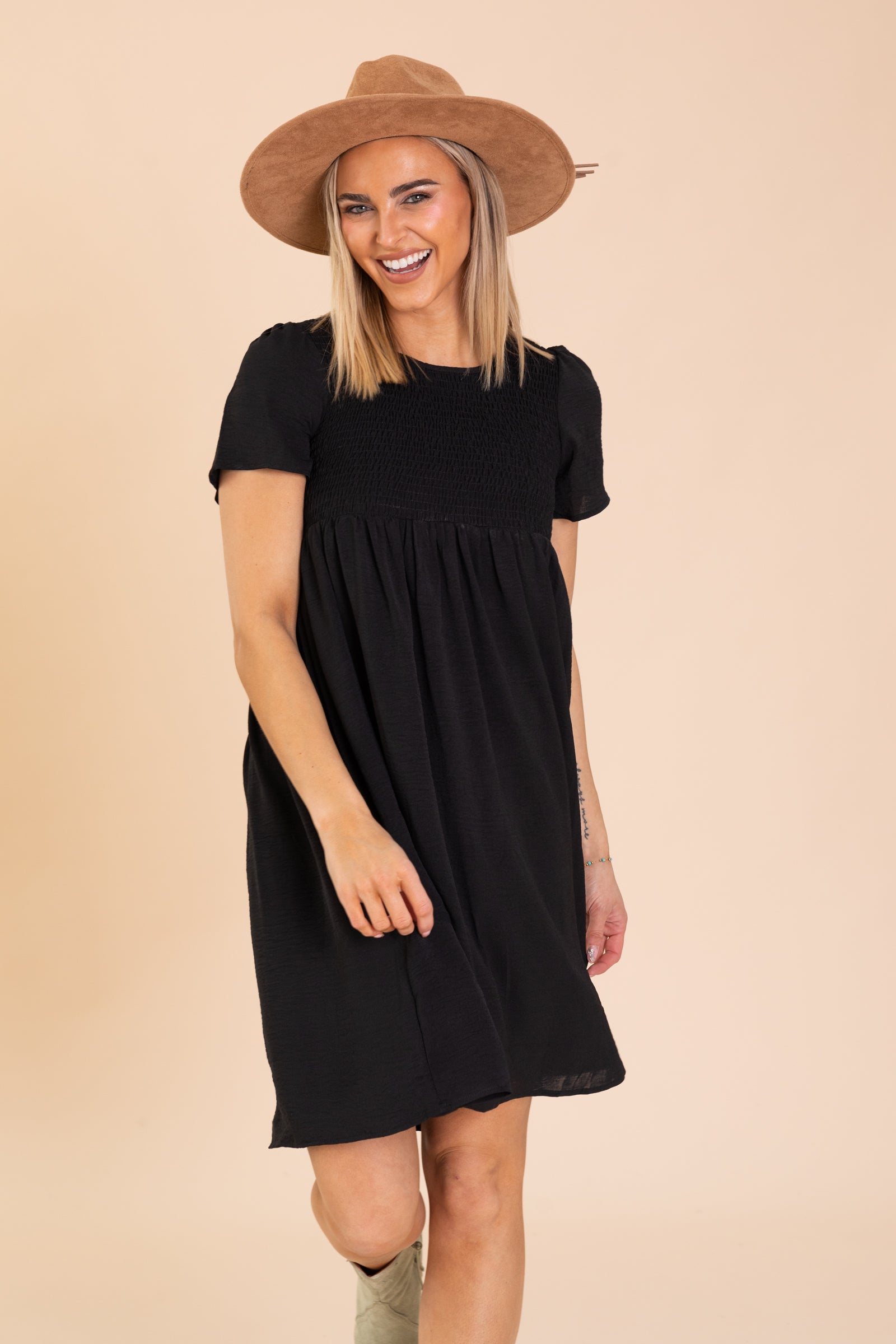 Flowy Skirt Smocked Bodice Midi Woven Dress