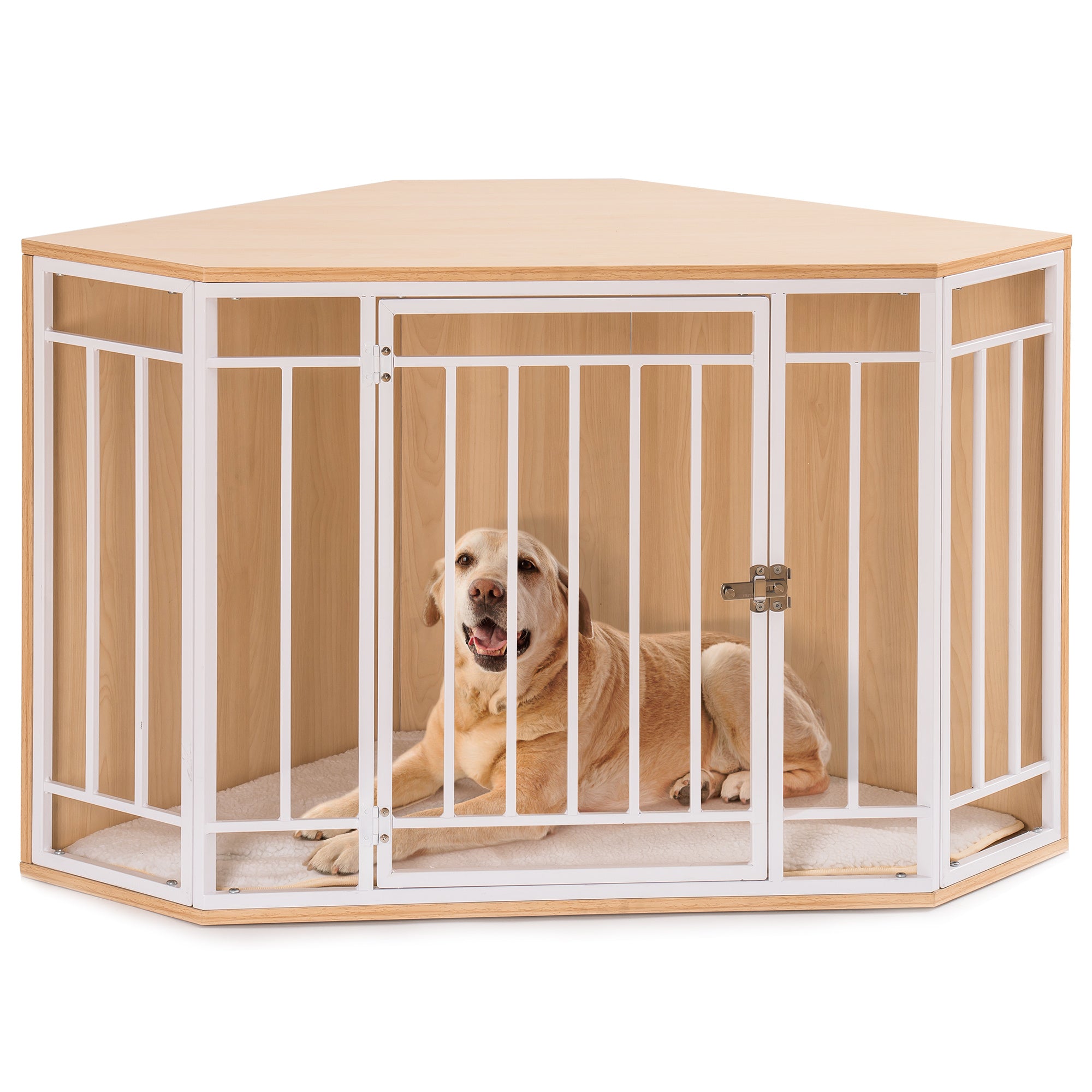 LANTRO JS Corner Dog Crate with Cushion， Dog Kennel with Wood and Mesh， Doghouse， Pet Crate Indoor Use