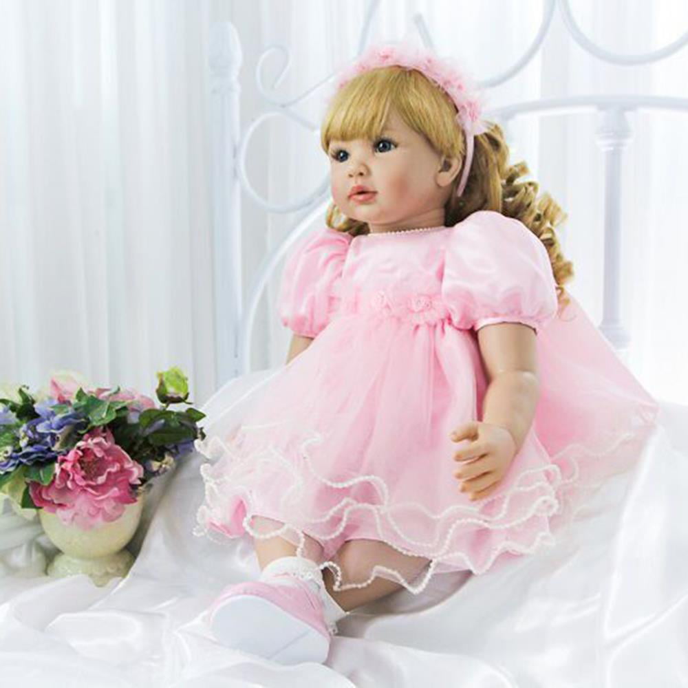 Ktaxon 24" Lovely Silicone Baby Doll Golden Curly Girl Wearing Pink Princess Dress