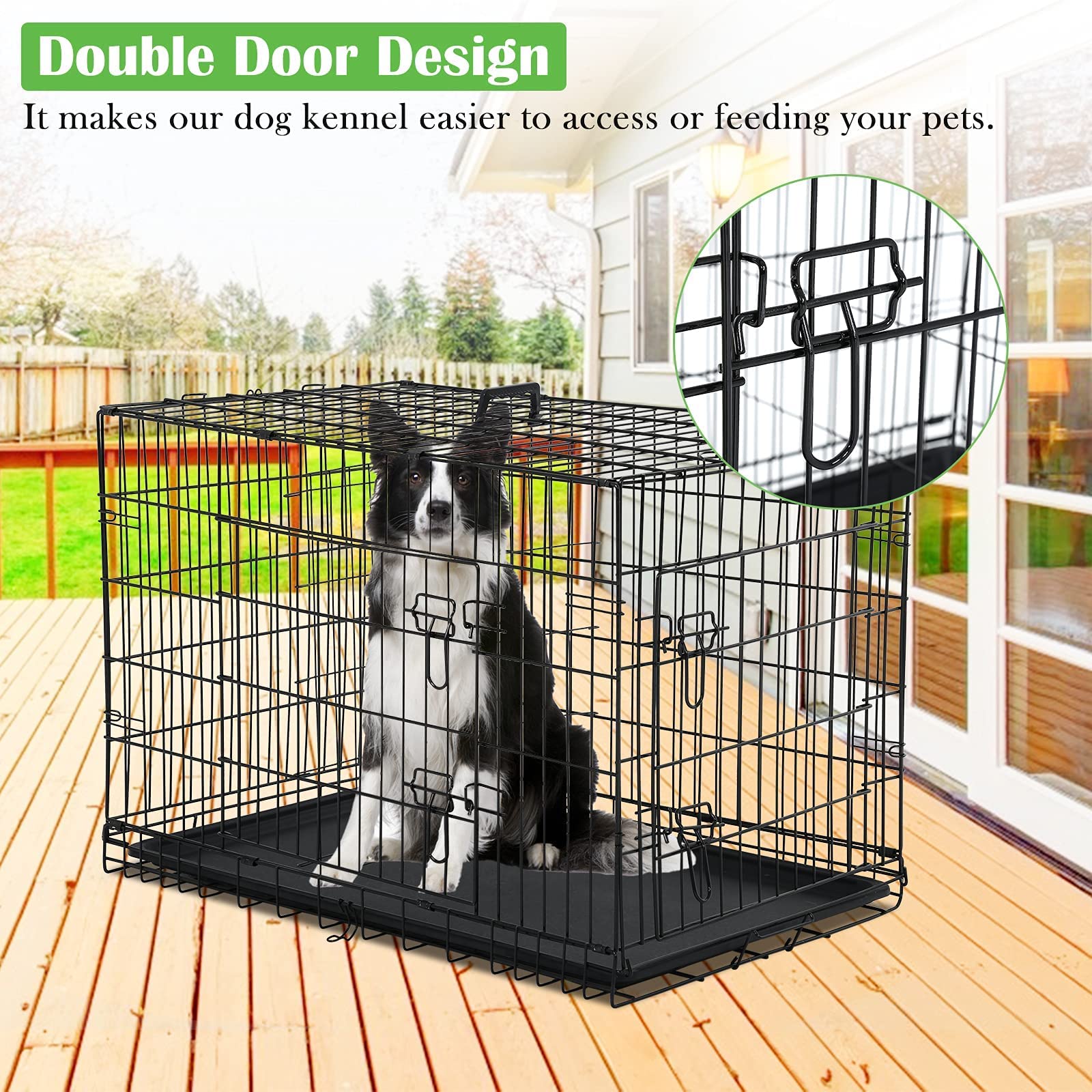 NiamVelo Dog Cage 36'' Metal Dog Crate with Double-Door， Folding and Portable Dog Kennel with Plastic Tray and Handle， Pet Crate Furniture Dog Kennel and Crates for Medium Small  Dogs， Black