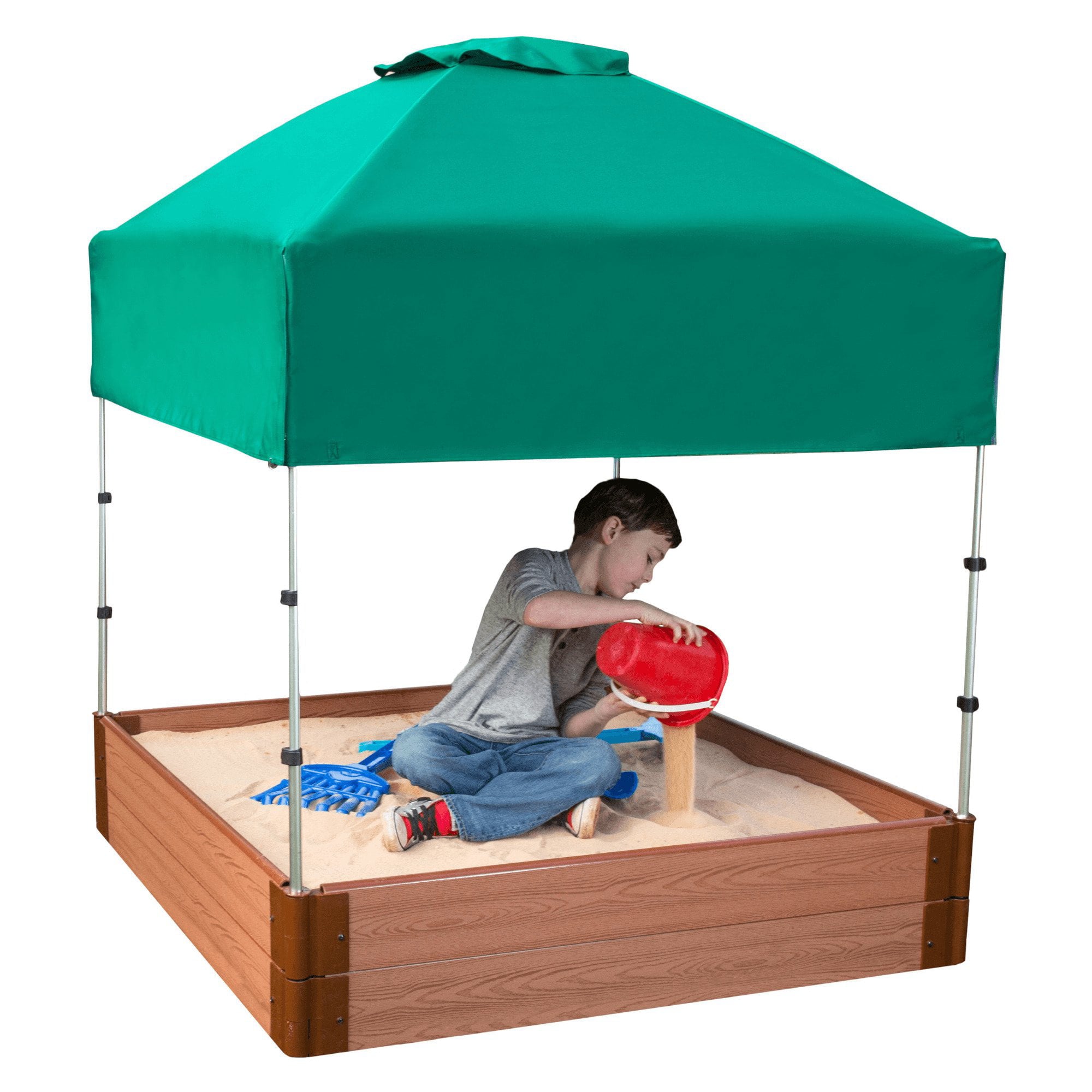 Frame It All Tool-Free Classic Sienna 4ft. x 4ft. x 11in. Composite Square Sandbox Kit with Telescoping Canopy/Cover - 1