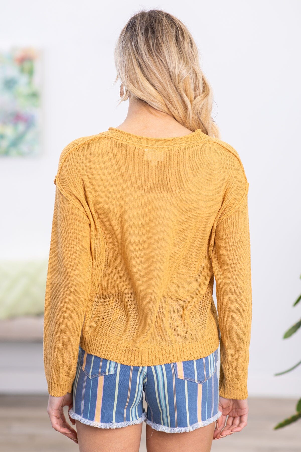 Mustard Raw Edge Drop Shoulder Henley Sweater