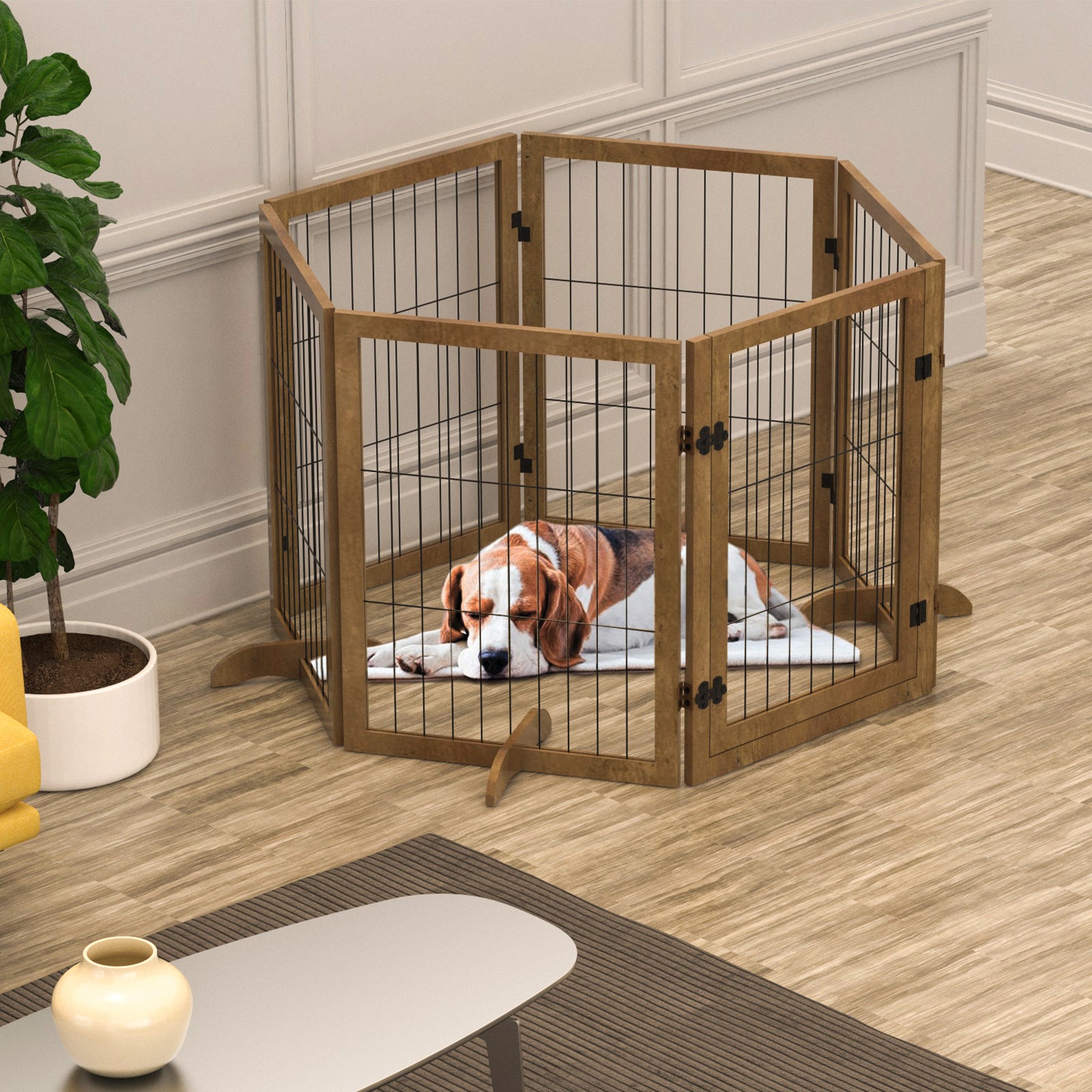 Dog Gate Pet Fence Extra Wide with Walk Through Door， Wood Preassembled Freestanding Baby Safety Gate Dog Barrier Indoor Lockable for Home， Doorway， Stairs， 31.5''H with 4 Support Feet