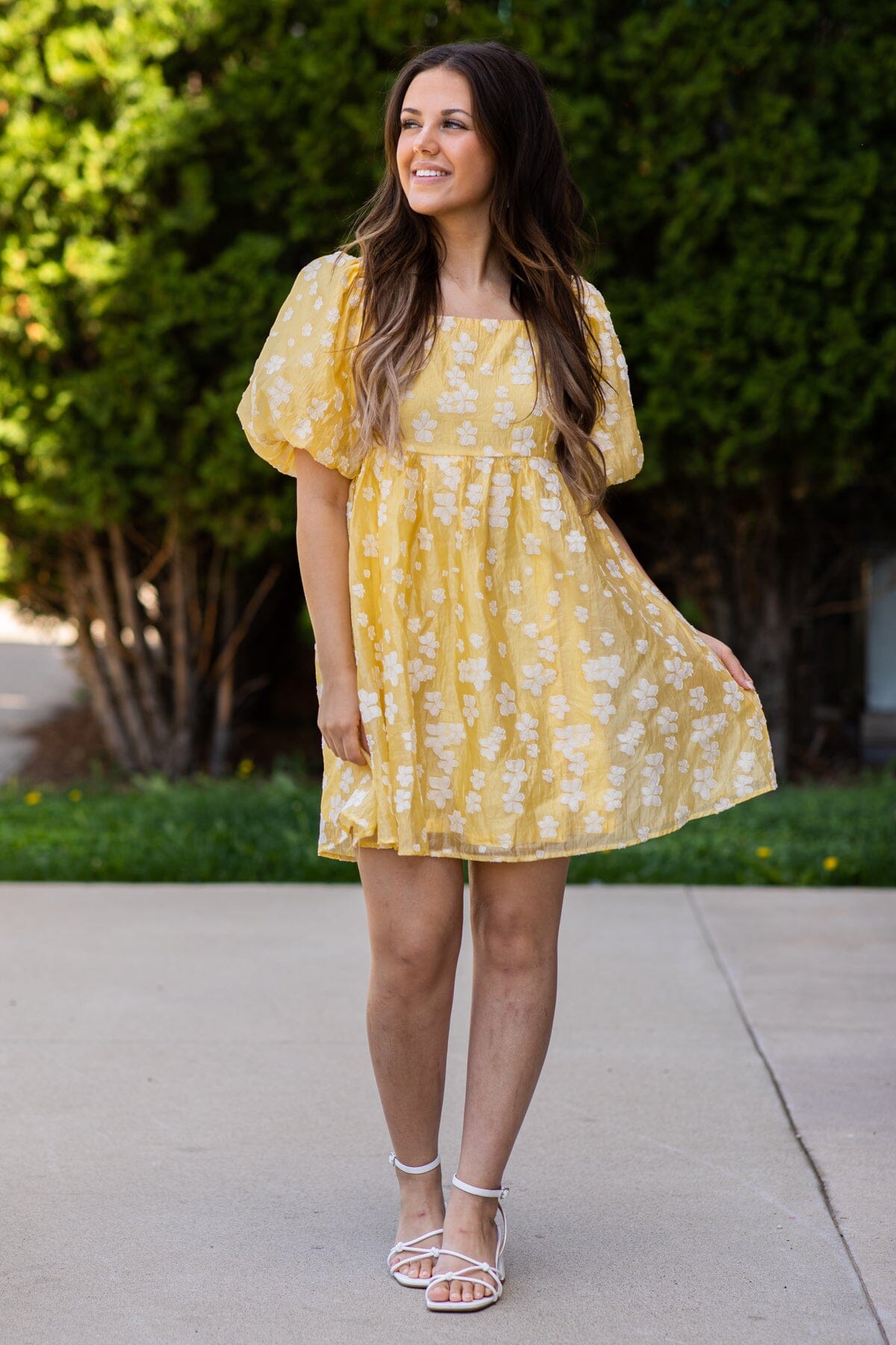 Pastel Yellow Floral Puff Sleeve Dress