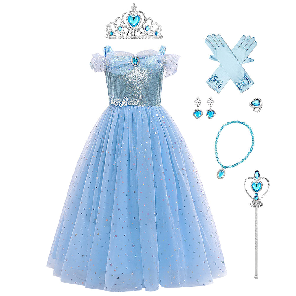 IMEKIS Cinderella Costume for Toddler Girls Princess Costumes Cinderella Dress Up Jewelry Set Crown Fairy Wand Baby Kids Halloween Cosplay Role Play Birthday Outfit 4-5 Years Blue Sequin
