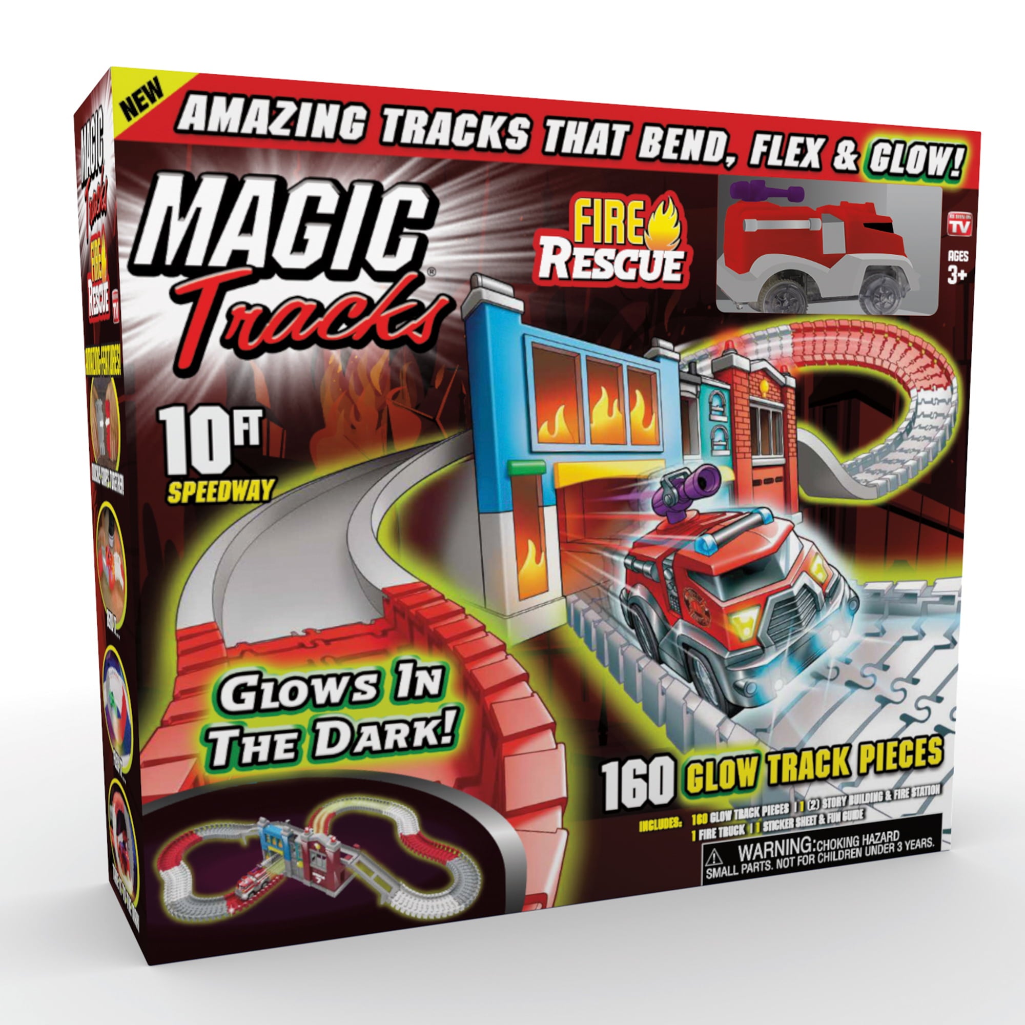 Ontel Magic Tracks Fire Inferno， Fire Truck with a 10ft Glow in The Dark Race Track， For Ages 3+