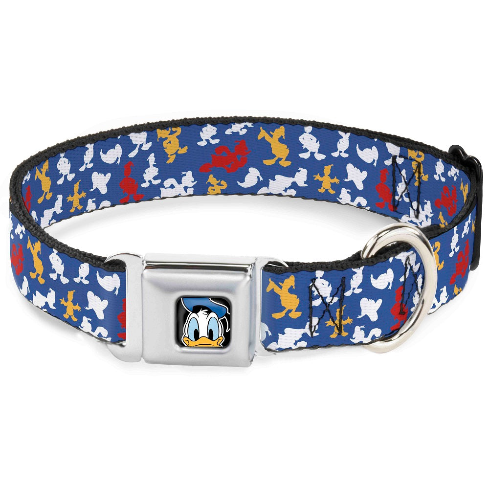 Disney Pet Collar， Dog Collar Metal Seatbelt Buckle， Donald Duck Face Poses Scattered Blue White Red Yellow， 9.5 to 13 Inches 1.0 Inch Wide