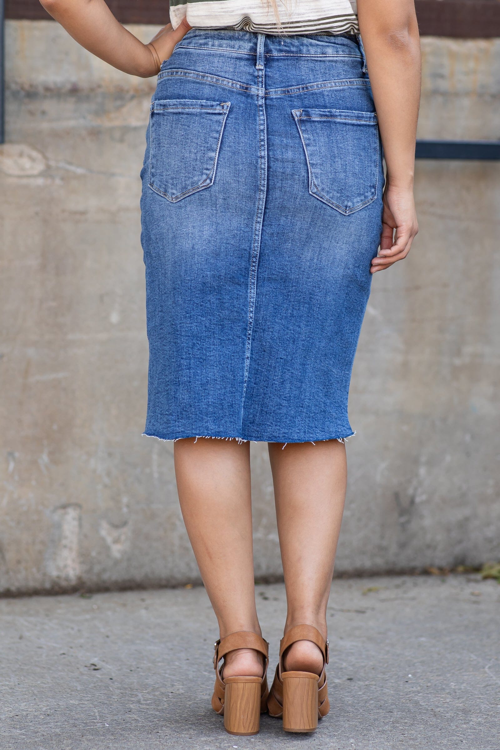 Risen Medium Wash Fray Hem Denim Skirt