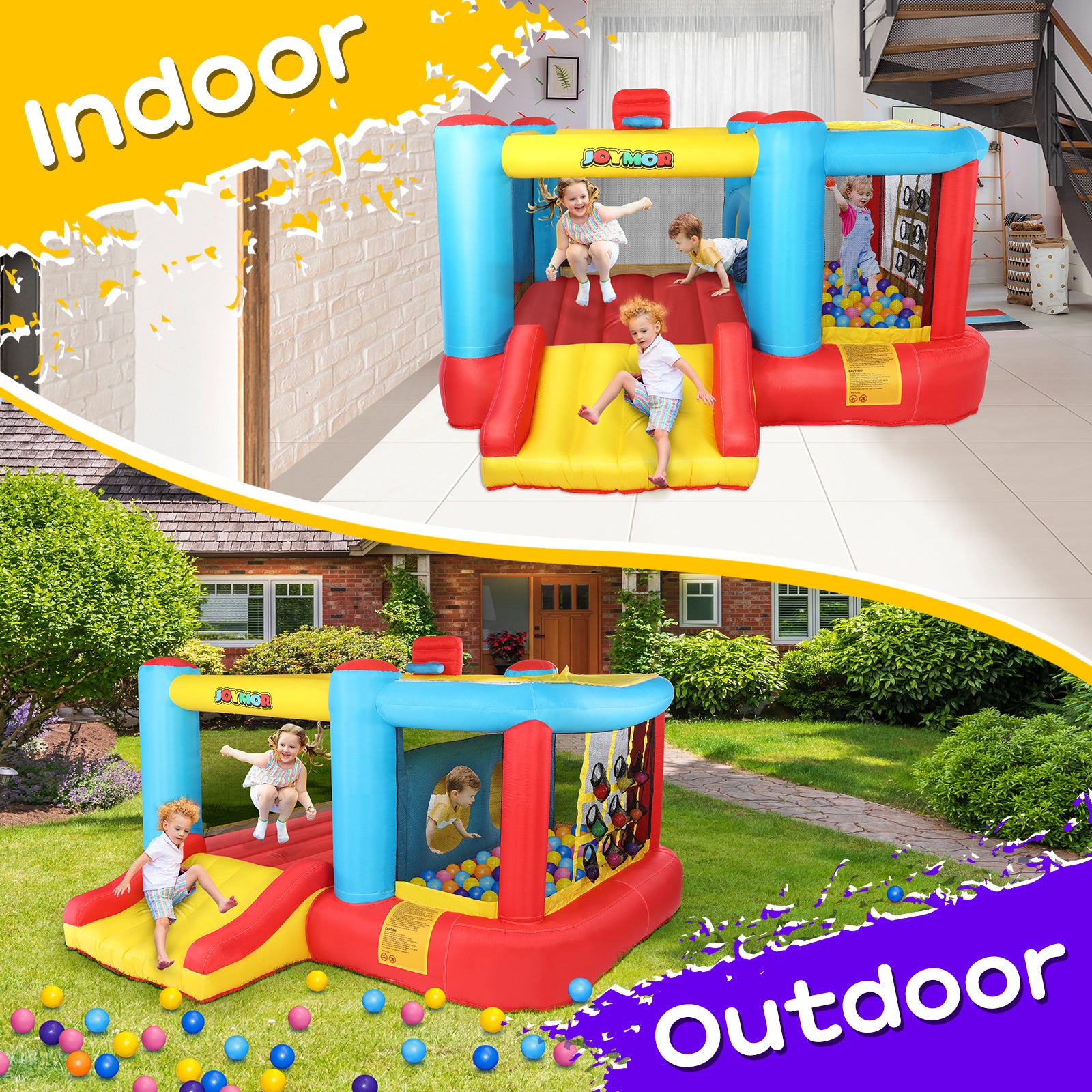 JOYMOR Inflatable Obstacle Course Bounce House for Kids Jumping Castle Slide Bouncer with Air Blower， Sun Cover， Indoor and Outdoor Party Gift