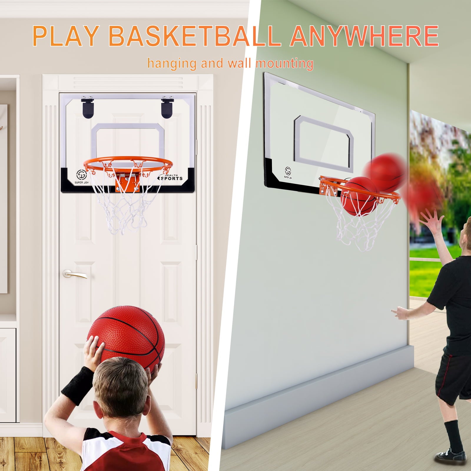 SUPER JOY Mini Basketball Hoop Over The Door， Wall Mounted Basketball Hoop Set with Accessories， Indoor Basketball Toy for Kids and Adults