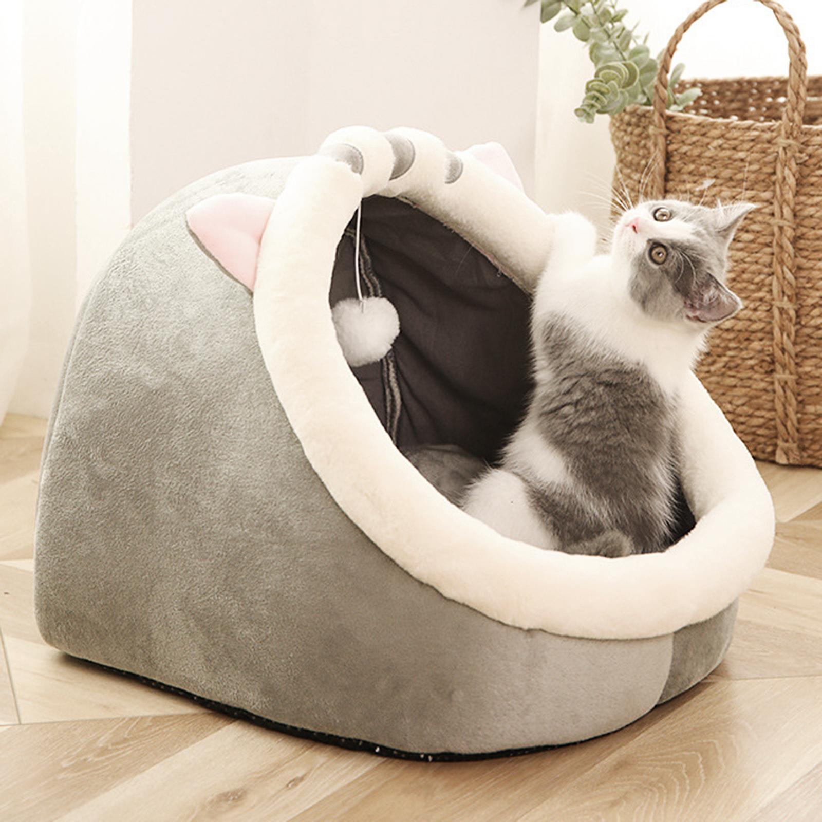 Cat Beds for Indoor Cats - Small Dog Bed Rabbit-Shaped Cat/Small with Hanging Toy， Puppy Bed Soft Calming Pet Sofa Bed Pets Supplies Gray S