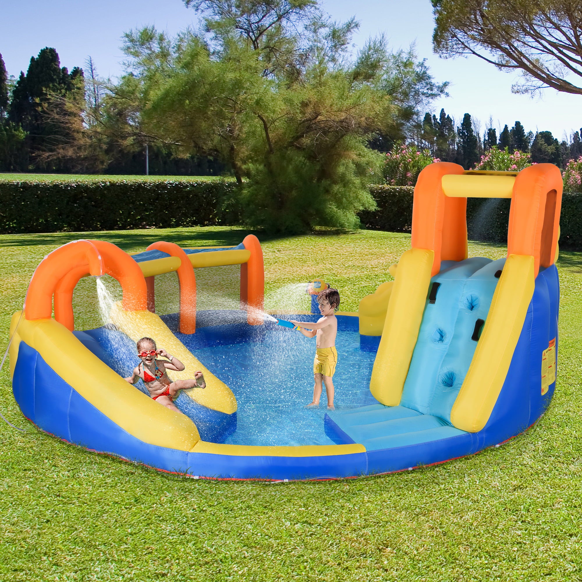 Outsunny 6-in-1 Inflatable Water Slide Kids Bounce House Jumping Castle Includes Slide Basket Pool Water Gun Climbing Wall Tunnel with Carry Bag， Repair Patches and 750W Air Blower